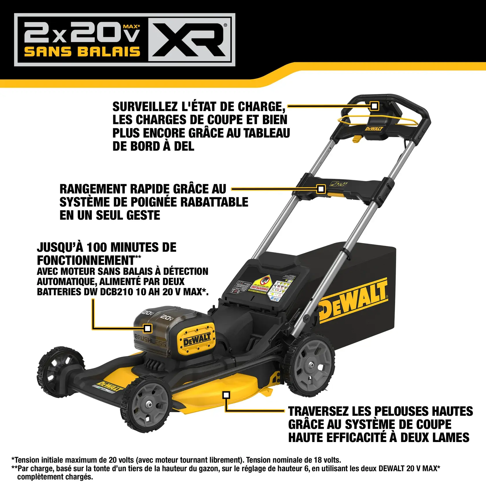 Product image showing a DEWALT 2x20V MAX Brushless XR lawn mower. Key features highlighted include: LED dashboard to monitor state of charge and cutting loads; one touch folding handle system for easy storage; brushless autosensing motor powered by two DW DCB210 10 AH 20V MAX batteries providing up to 100 minutes of runtime; high efficiency dual blade cutting system for powering through tall grass. DEWALT branding is visible on the mower.