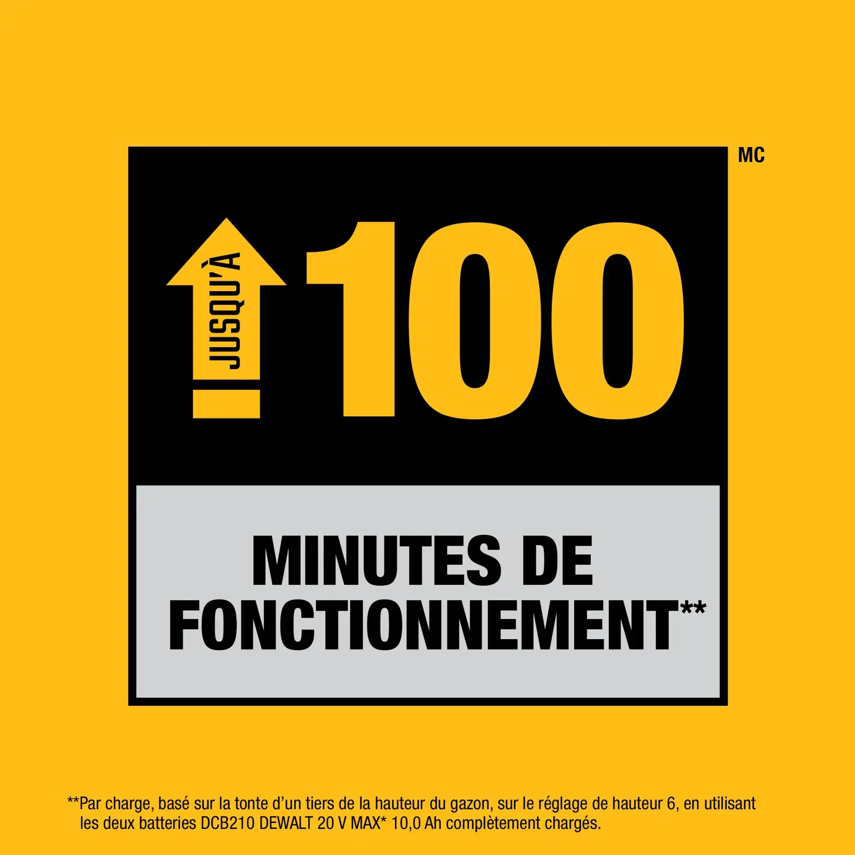 Graphic showing a large yellow number 100 with an upward arrow labeled 'UP TO' and the text 'MINUTES OF RUNTIME' below in bold black letters on a gray background. Small text at the bottom reads: '**Based on mowing one third of grass height, on height setting 6, using both fully charged DEWALT 20V MAX* DCB210 10.0Ah batteries.' The background is yellow.