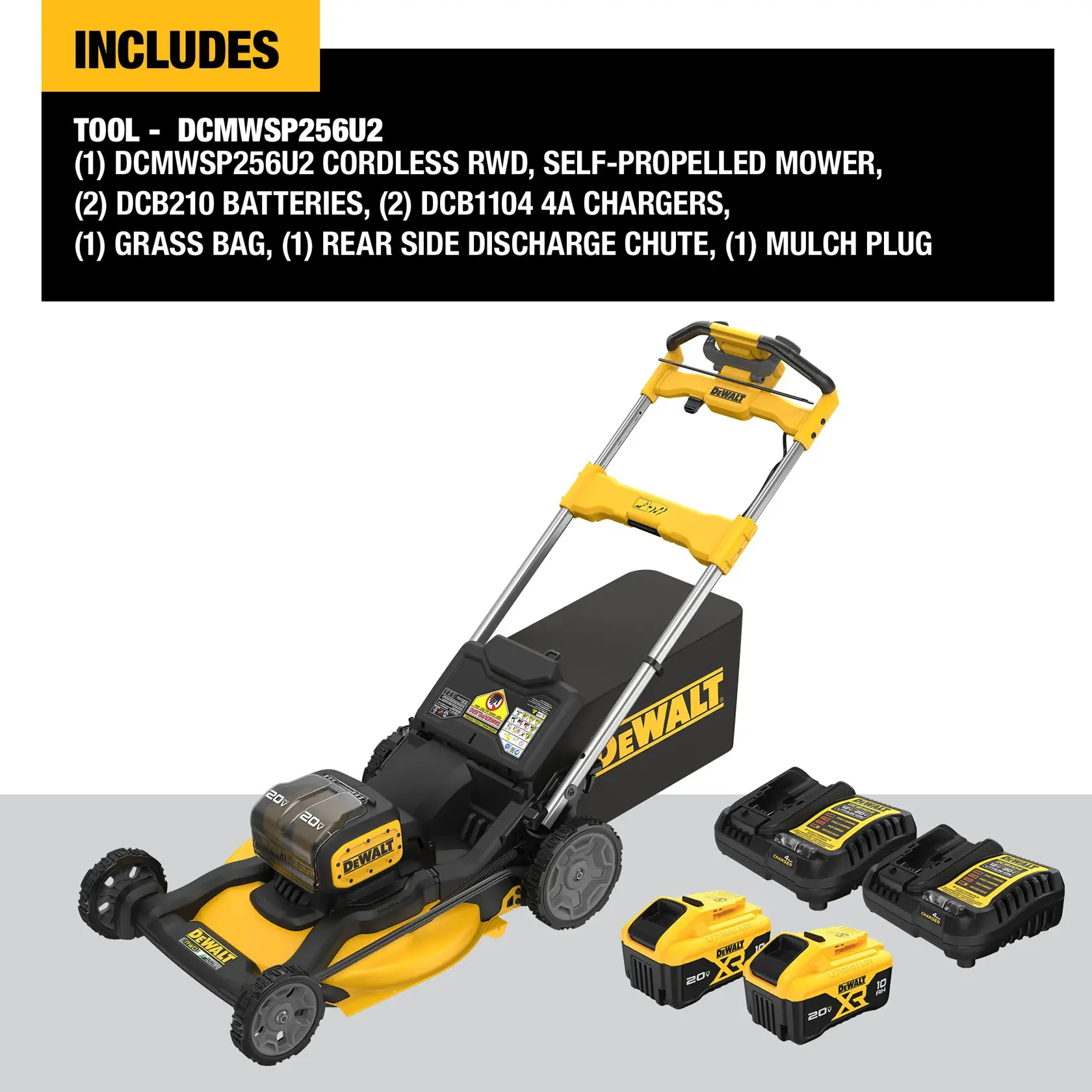 DEWALT DCMWSP256U2 cordless rear wheel drive, self-propelled lawn mower kit shown. The image displays the mower with a grass bag attached, two DCB210 batteries, two DCB1104 chargers, a rear side discharge chute, and a mulch plug. The DEWALT branding is visible on the mower and accessories.