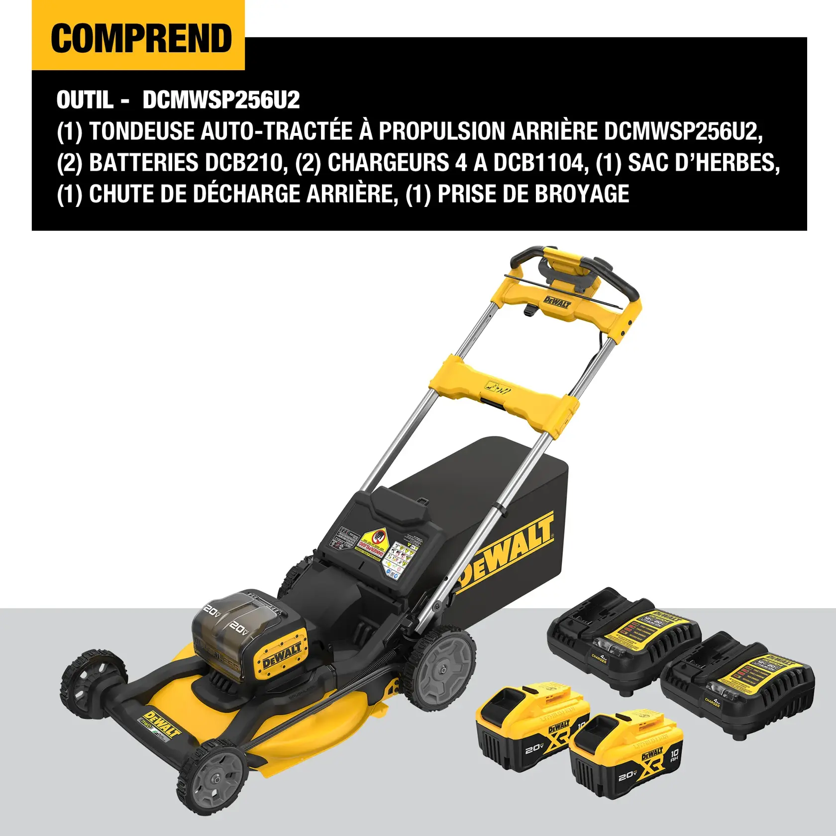 DEWALT DCMWSP256U2 cordless rear wheel drive, self-propelled lawn mower kit shown. The image displays the mower with a grass bag attached, two DCB210 batteries, two DCB1104 chargers, a rear side discharge chute, and a mulch plug. The DEWALT branding is visible on the mower and accessories.