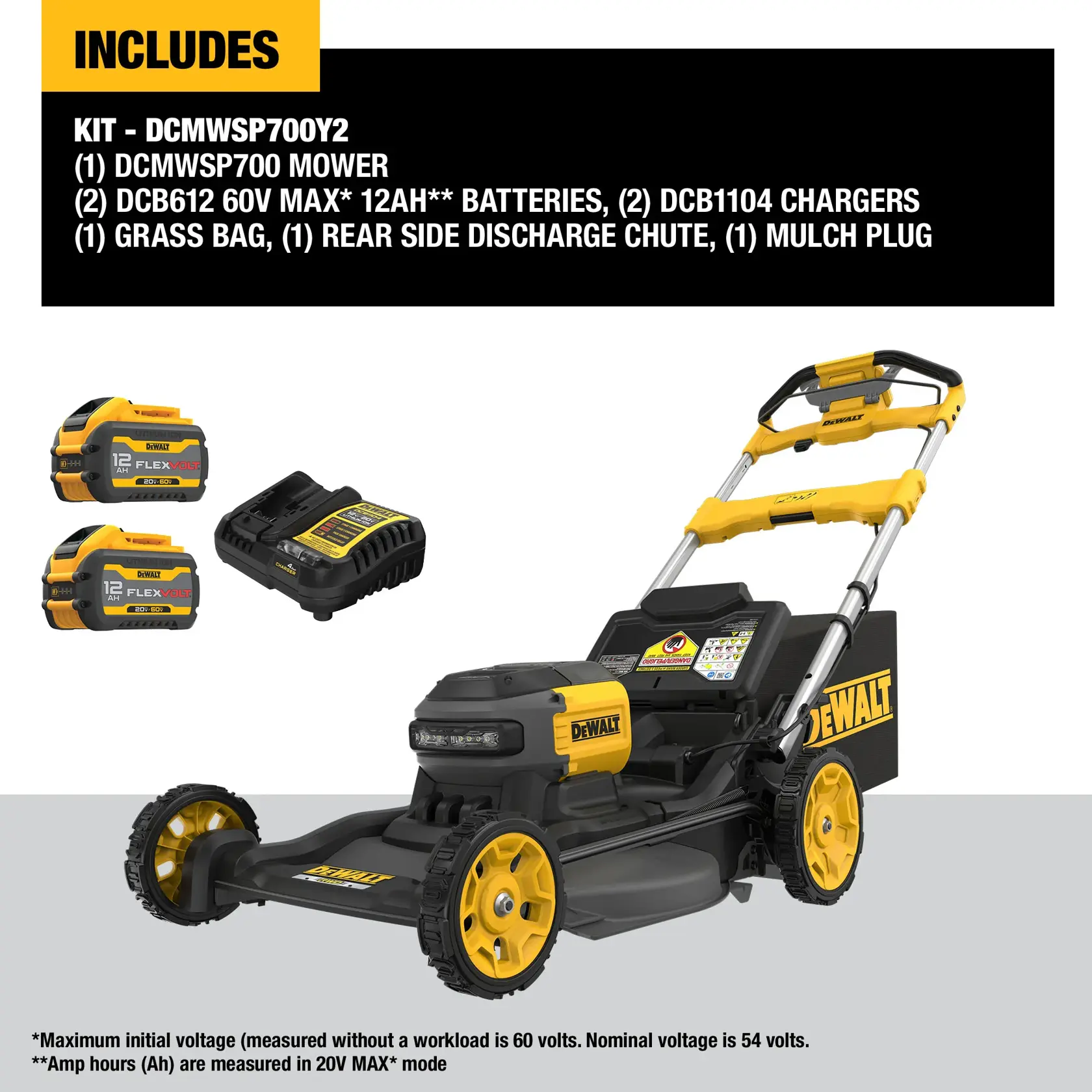 Image showing the DEWALT DCMWSP700Y2 lawn mower kit, which includes the DCMWSP700 mower, two DCB612 60V MAX 12Ah batteries, two DCB1104 chargers, a grass bag, a rear side discharge chute, and a mulch plug. The mower and accessories are presented with descriptive text and visuals.