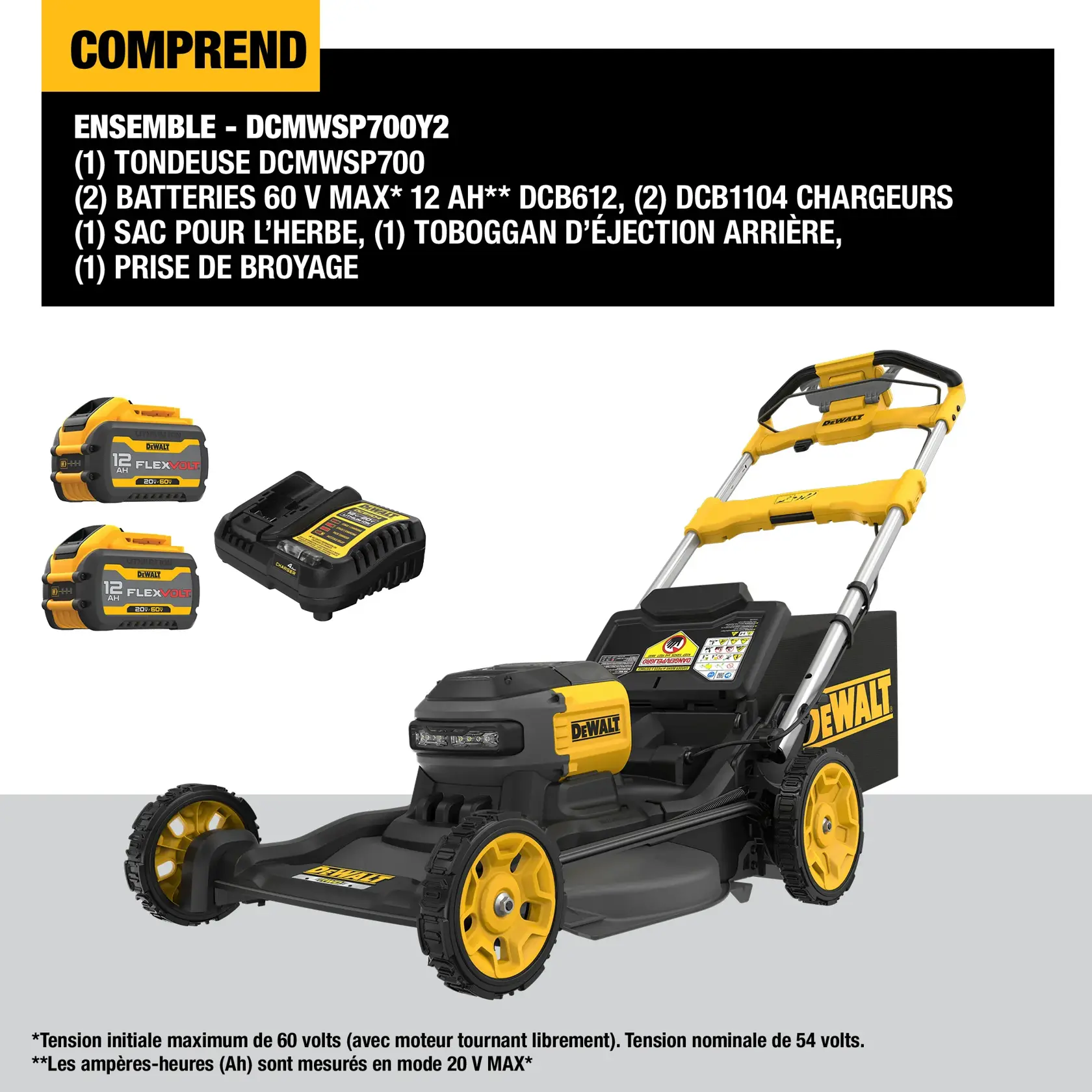 Image showing the DEWALT DCMWSP700Y2 lawn mower kit, which includes the DCMWSP700 mower, two DCB612 60V MAX 12Ah batteries, two DCB1104 chargers, a grass bag, a rear side discharge chute, and a mulch plug. The mower and accessories are presented with descriptive text and visuals.