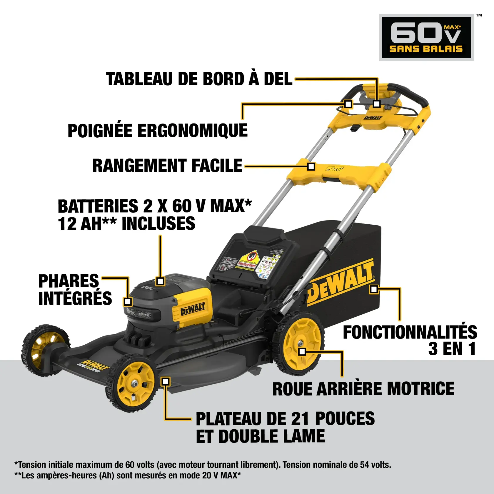 A person is pushing a DEWALT battery-powered lawn mower on a grassy area near a building. The mower features a yellow and black design and the text on the image highlights its long runtime of up to 85 minutes.