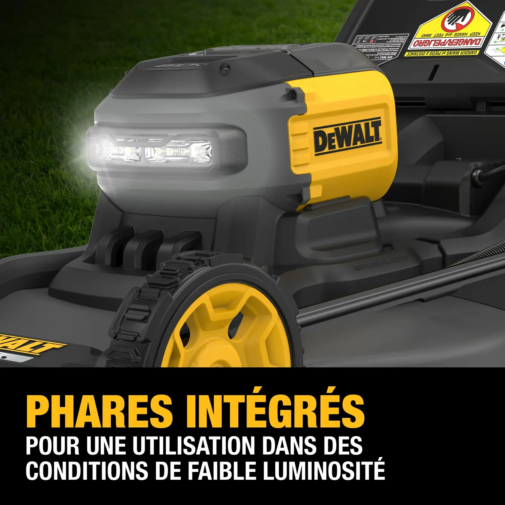 A person wearing gloves kneels on grass and adjusts a DEWALT 60V lawn mower near a curbside. The person's face is blurred and they are dressed in work boots and cargo pants.