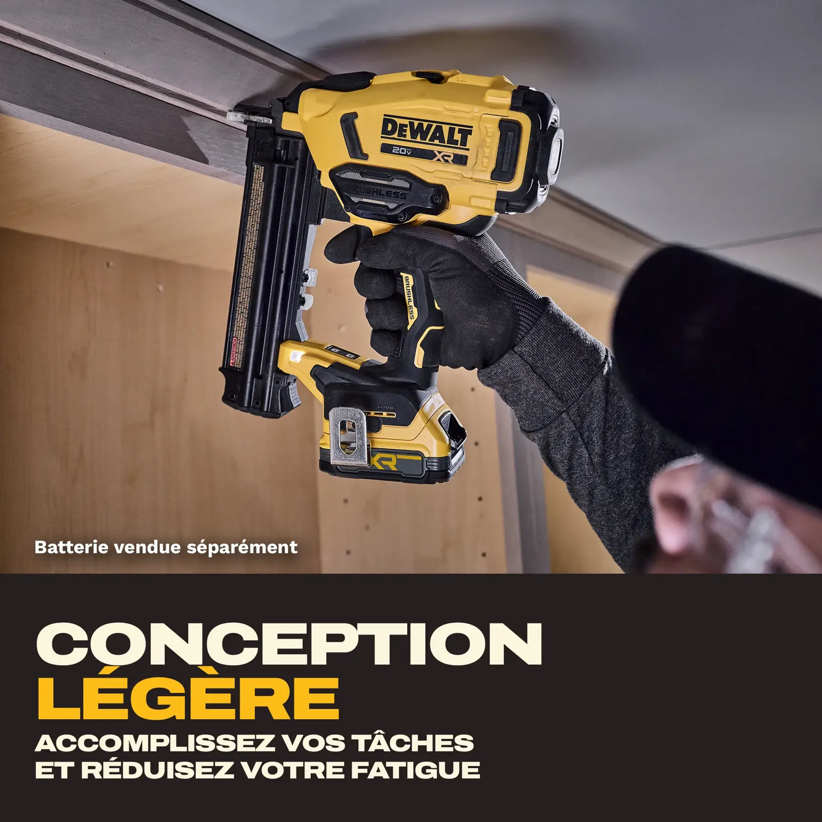 Graphic showing the DEWALT DCN210B 20V MAX cordless 18-gauge brad nailer, highlighted in yellow on the left. The image compares the compact size of the DCN210B with two other DEWALT nailers, DCN680 and DWFP12233, which are faded out for emphasis. Text at the top reads, 'Our most compact cordless 20V MAX 18GA Brad Nailer.'