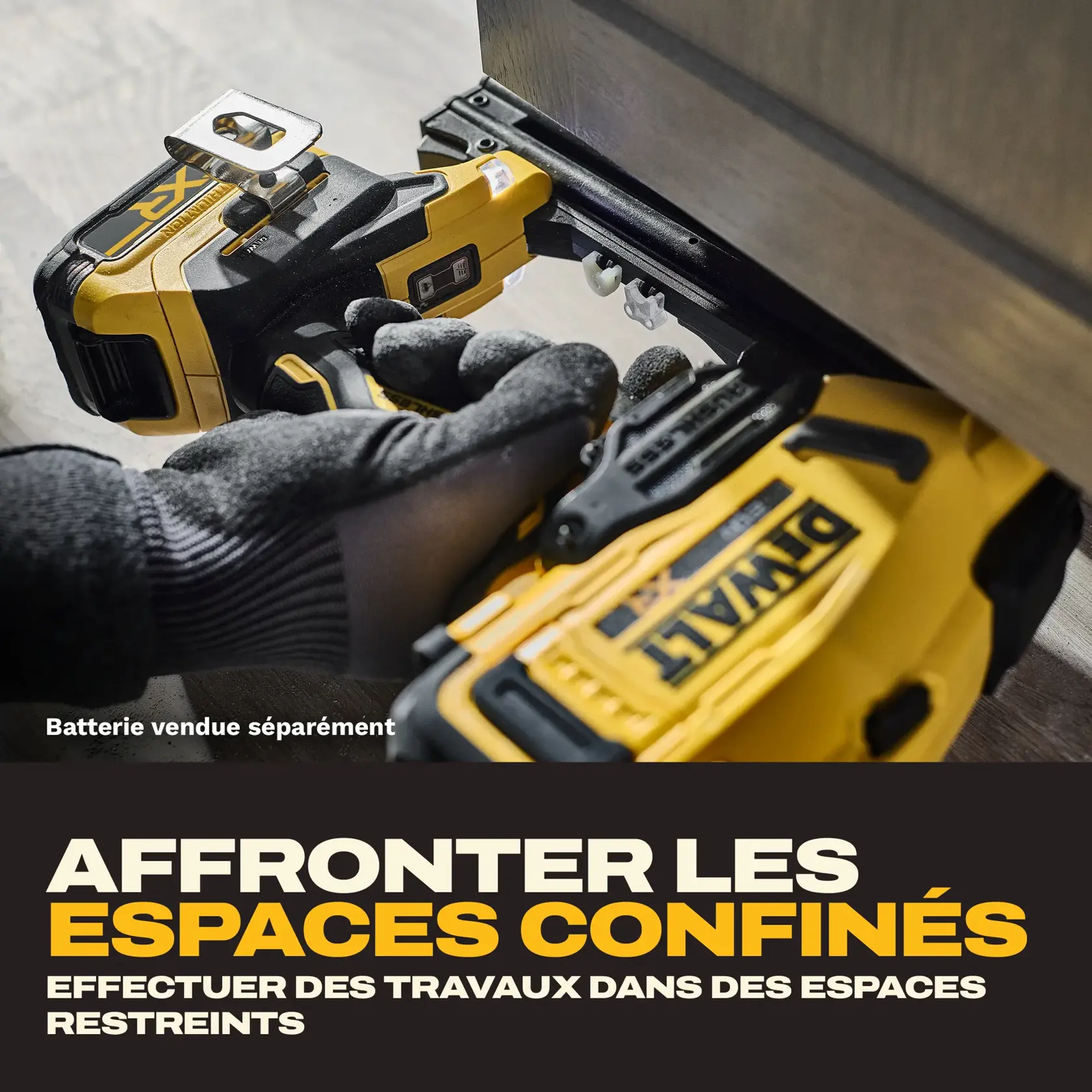A person uses a DEWALT 20V XR cordless nailer to install trim on a cabinet. The tool is yellow and black and features a lightweight design. Text on the image highlights that the battery is sold separately and emphasizes the lightweight design for powering through tasks and minimizing fatigue.