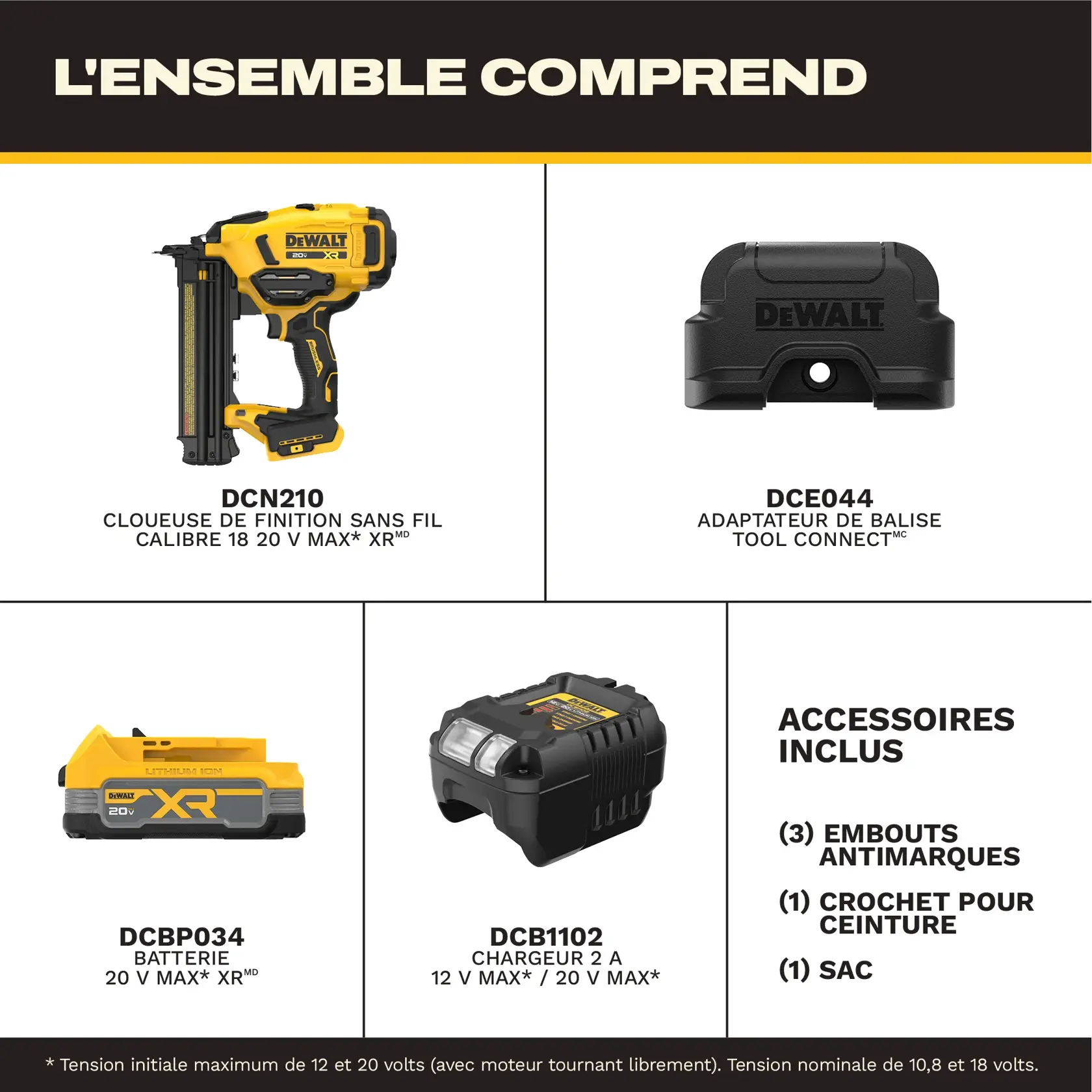 DeWalt kit includes brad nailer, chip adapter, battery, charger, no-mar tips, belt hook, and kit bag.