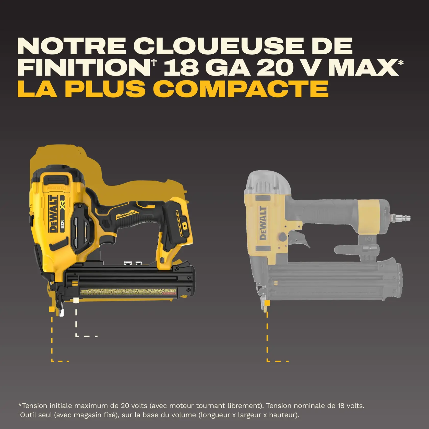 DEWALT 20V MAX compact cordless 18GA brad nailer DCN210 shown next to larger models in a product comparison.