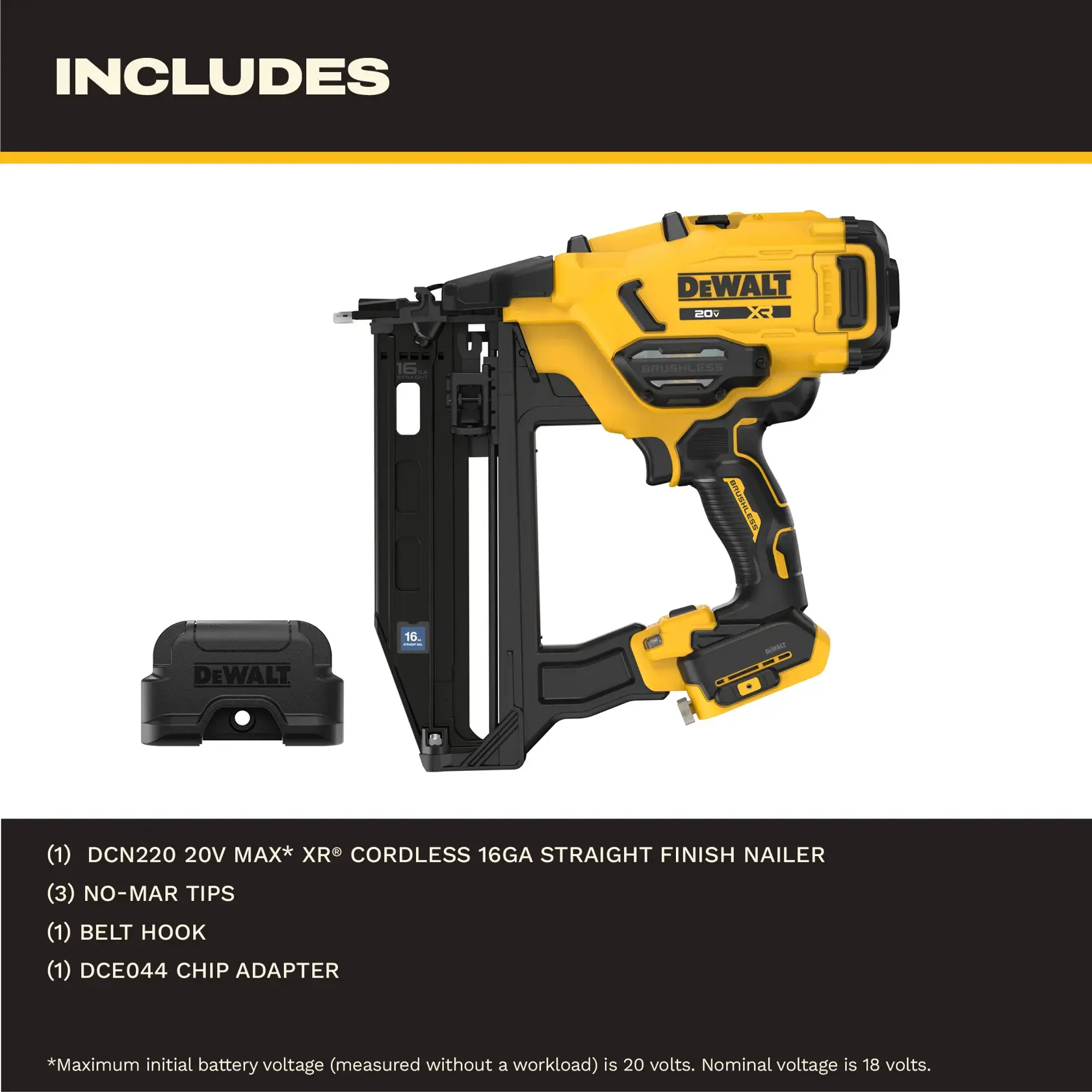 Graphique promotionnel pour la cloueuse DEWALT 20V XR sans balais, montrant le produit en jaune et noir. Les fonctionnalités mises en avant incluent un dégagement sans outil pour les bourrages, un dégagement de l'arrêt sans outil, une utilisation facile avec des réglages de profondeur sans outil, des performances rapides (jusqu'à 5 clous par seconde), une opération fluide (activation séquentielle et par contact), des notifications de rechargement (LED pour faible quantité de clous), et une compatibilité avec des clous droits de calibre 16. Batterie et chargeur vendus séparément.
