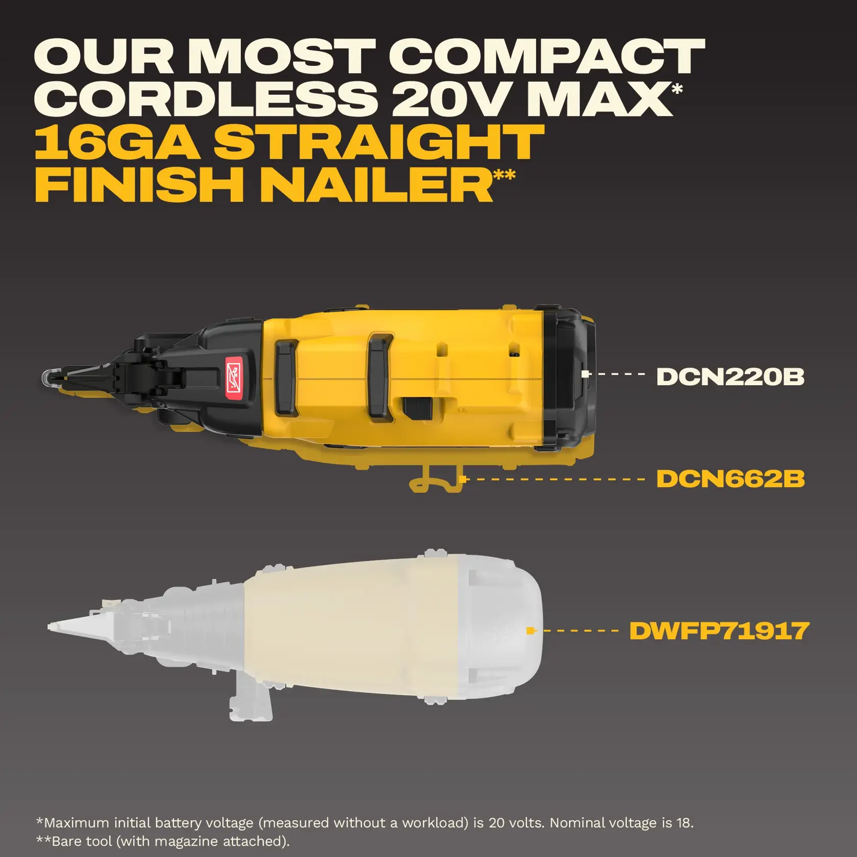 DEWALT 20V XR cordless brushless 16-gauge finish nailer, yellow and black tool, side view.
