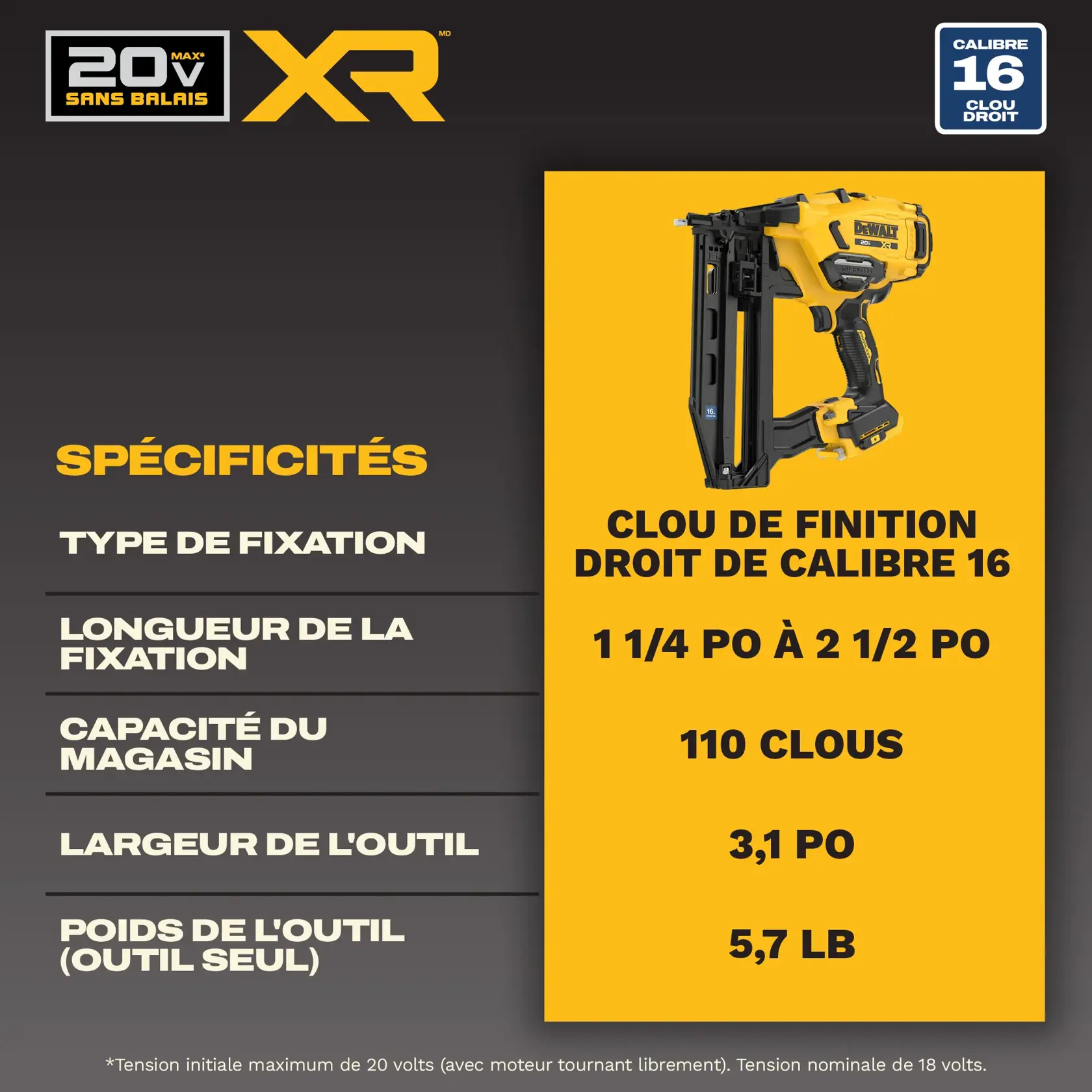 Graphique promotionnel du cloueur de finition droit 16GA 20V MAX sans fil le plus compact de DEWALT. L'image présente une vue de dessus de trois cloueurs, mettant en avant le DCN220B comme le plus compact par rapport aux modèles DCN662B et DWFP71917. Les spécifications clés concernant la tension de la batterie et la configuration de l’outil seul sont indiquées en bas.