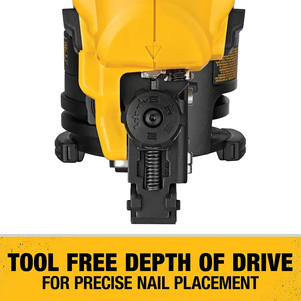 Close-up view of a DEWALT tool showing its adjustable depth of drive feature for precise nail placement, with text reading 'TOOL FREE DEPTH OF DRIVE FOR PRECISE NAIL PLACEMENT' on a yellow background.