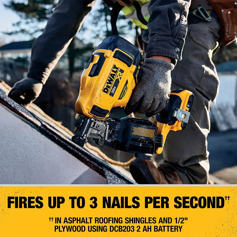 A DEWALT cordless roofing nailer being used on a roof, held by a person with gloves. The yellow text below reads 'FIRES UP TO 3 NAILS PER SECOND' and details performance in asphalt roofing shingles and plywood using a specific battery.