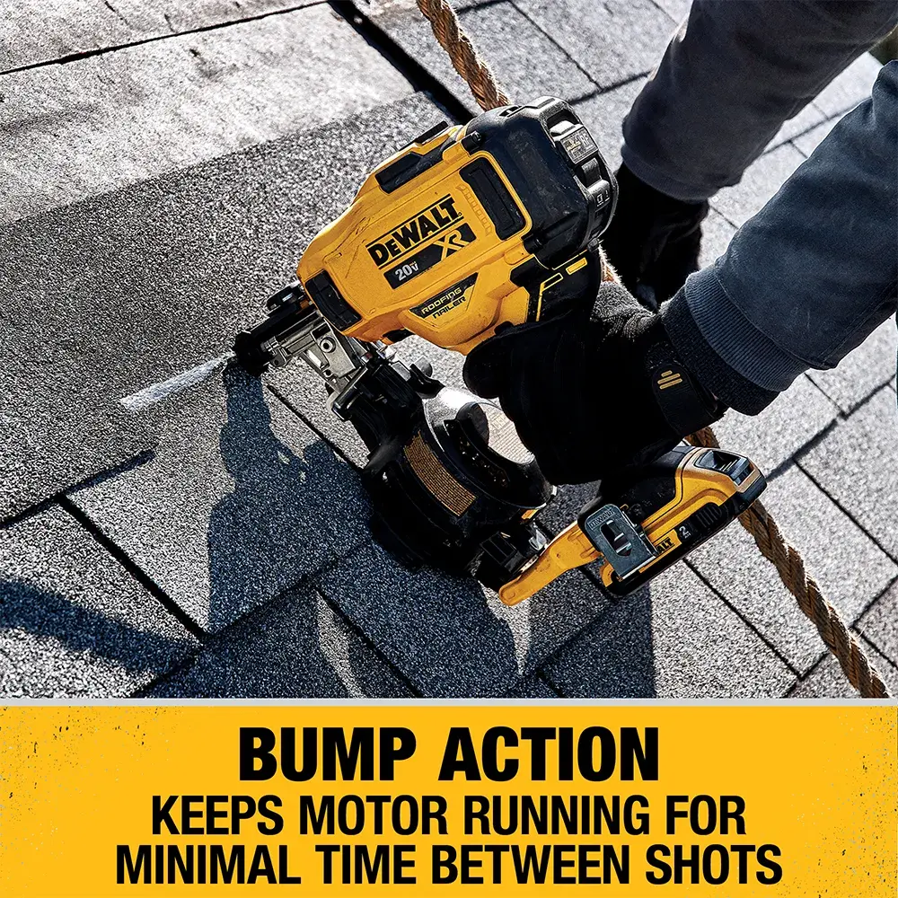 A person using a DEWALT cordless roofing nailer on asphalt shingles, with text stating 'Bump Action keeps motor running for minimal time between shots.'