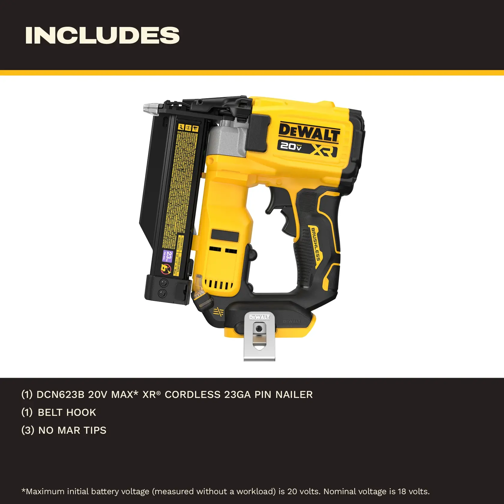 Product image of a DEWALT 20V MAX Brushless 23-gauge pin nailer. Key features are labeled: tool-free jam release, tool-free depth adjust, serviceable driver blade, brushless motor, and low nail lockout LED. The tool is mainly yellow and black, showing the DEWALT branding.
