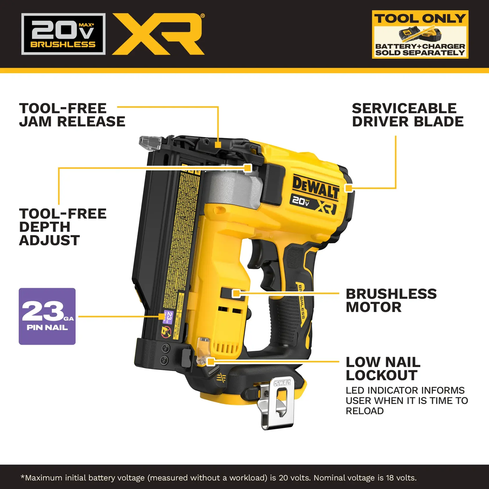 A person wearing safety glasses uses a DEWALT 20V brushless cordless nailer to attach a narrow piece of trim to a wall. The image highlights that the tool can drive 2,000 nails on average per battery charge. It also notes that the battery is sold separately.