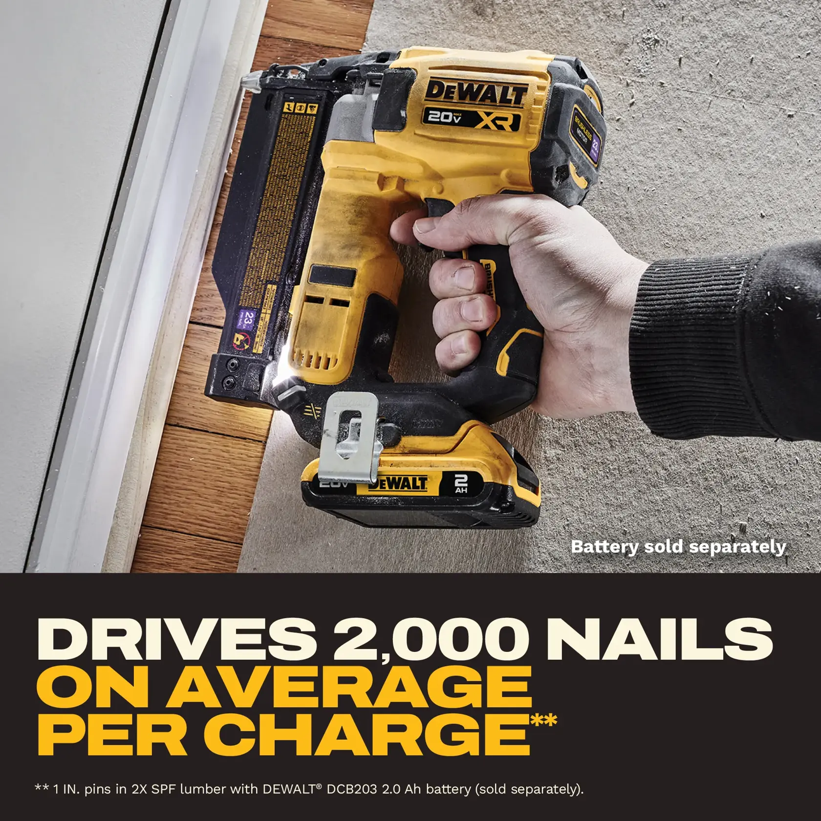 A person uses a DEWALT 20V brushless cordless nailer, model DCN623B, to fasten trim on a cabinet. The tool is shown with measurement lines indicating its compact size: 8.30 inches in length and 9.20 inches in height. The image includes text stating 'Battery sold separately' and 'Compact Size' in bold yellow letters.