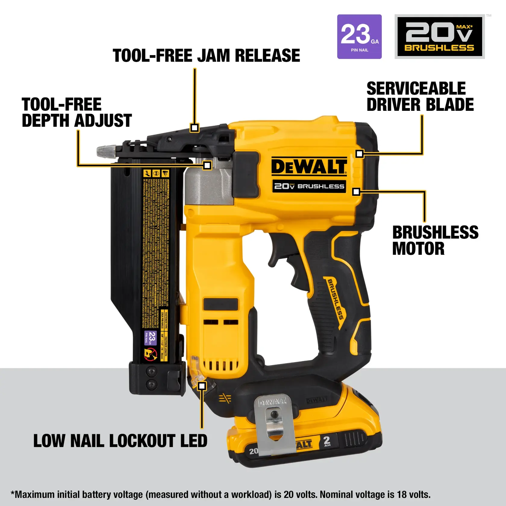 A DEWALT 20V MAX brushless pin nailer (model DCN623D1) is shown with labeled features including a tool-free jam release, tool-free depth adjust, serviceable driver blade, brushless motor, and low nail lockout LED. The product uses 23-gauge pin nails and features a yellow and black design.