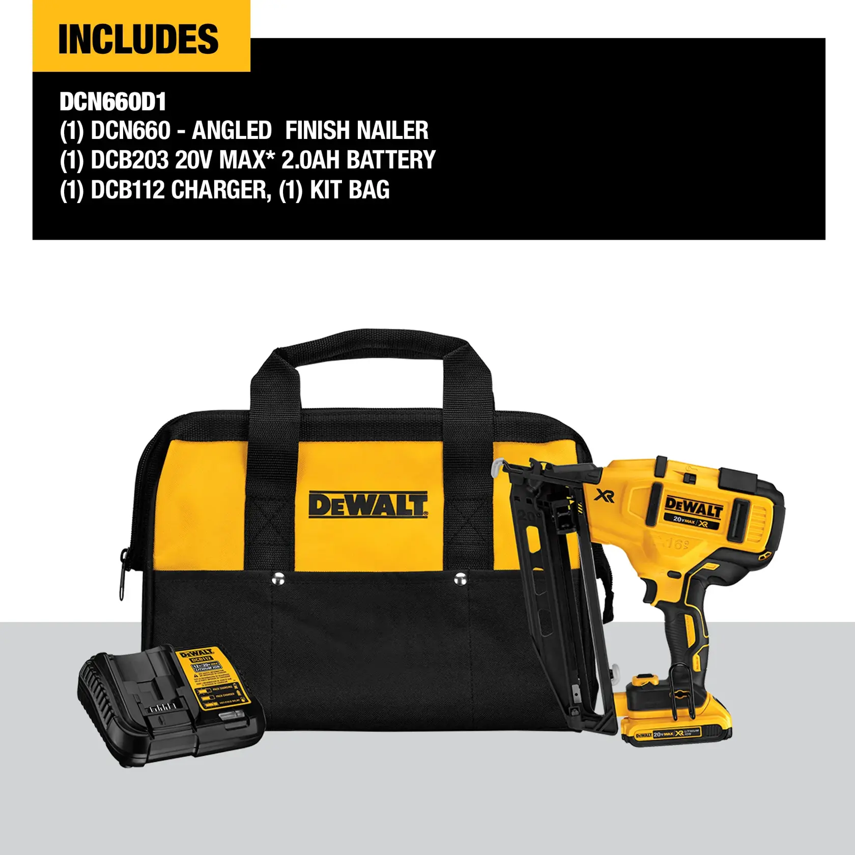 Image shows the DEWALT DCN660D1 kit, including a yellow and black carrying bag with DEWALT logo, an angled finish nailer tool, a 20V MAX 2.0Ah battery, and a DCB112 charger. The components are arranged neatly in front of the bag.
