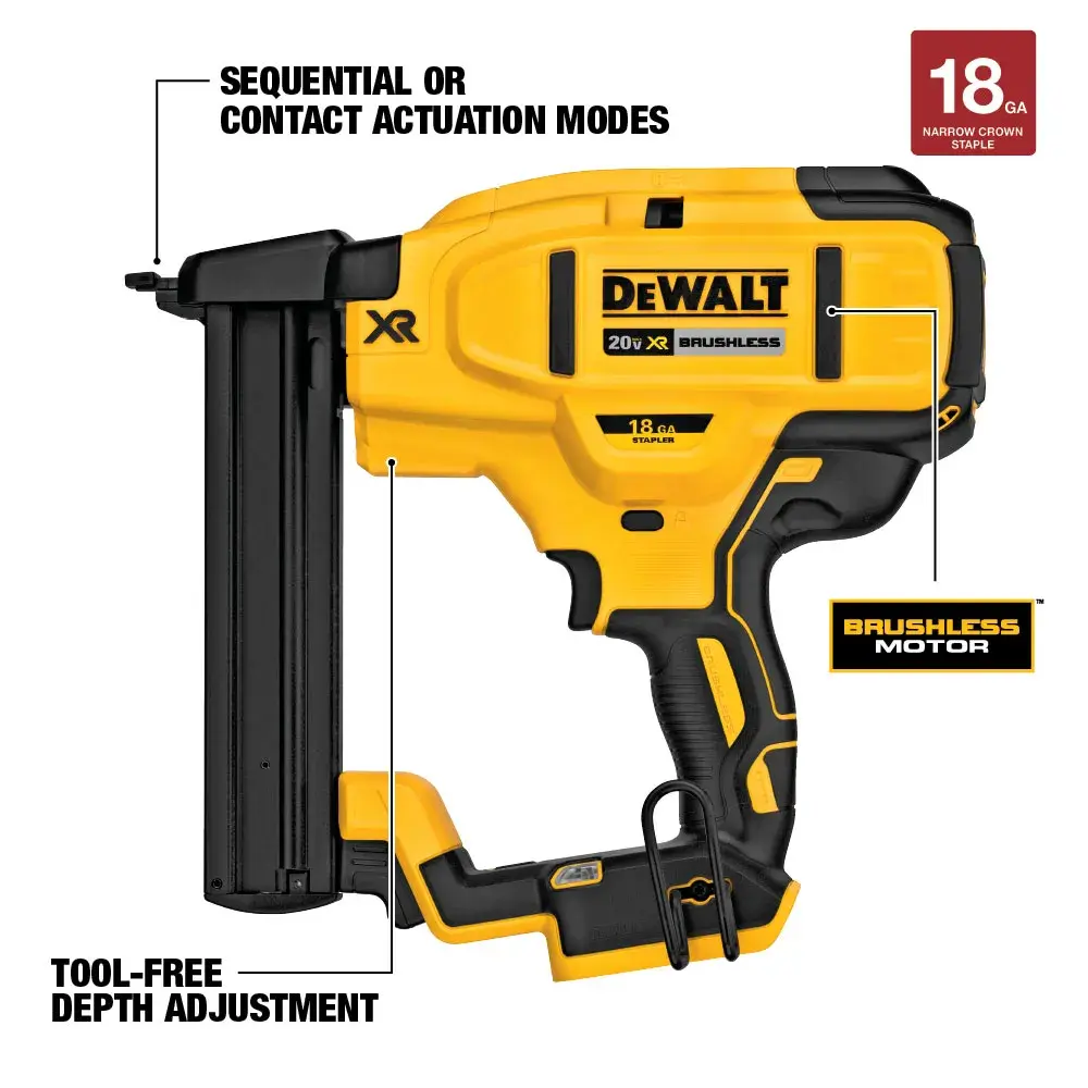 A DEWALT 18-gauge cordless brad nailer, model DCN681B, shown in yellow and black. Key features labeled include sequential or contact actuation modes, brushless motor, and tool-free depth adjustment. The tool is designed for use with 18-gauge brad nails.