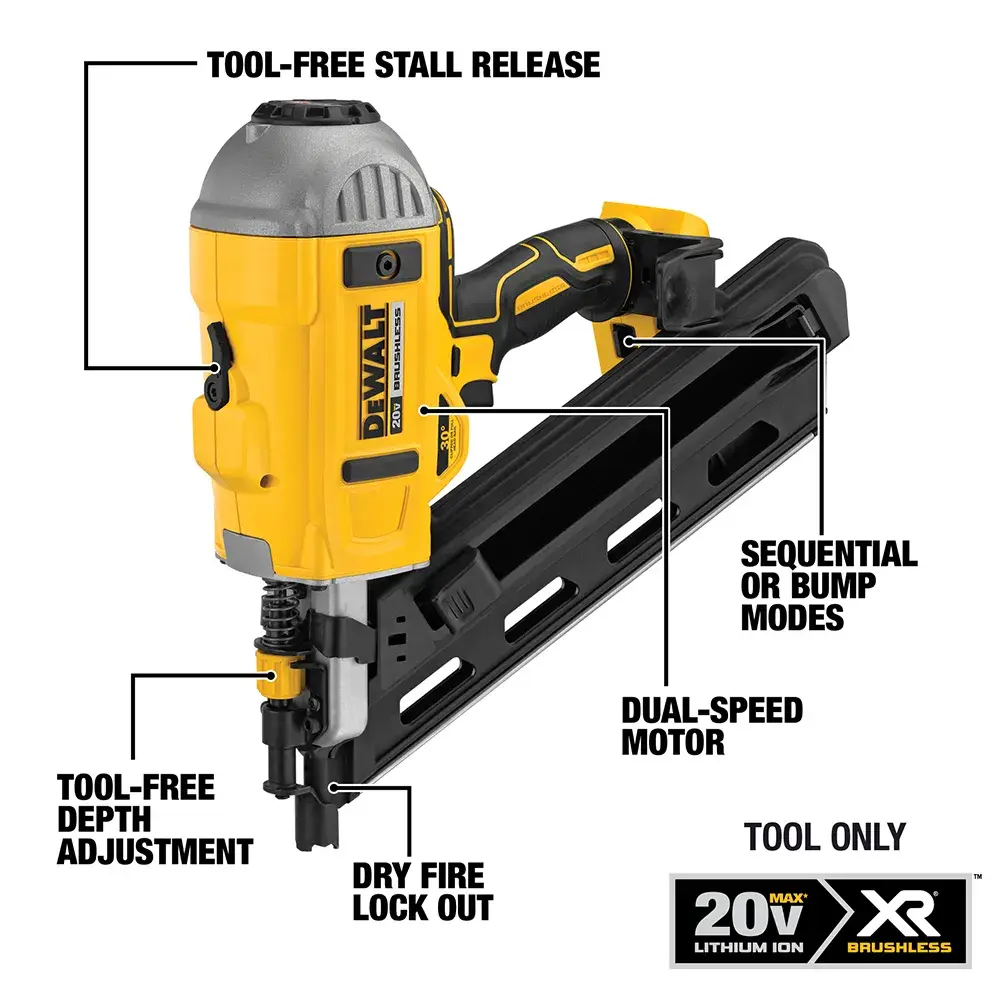 DEWALT 20V XR cordless nail gun (model DCN692B) shown with labeled features: tool-free stall release, tool-free depth adjustment, dry fire lock out, dual-speed motor, sequential or bump modes. The image also indicates 'tool only' (battery not included).