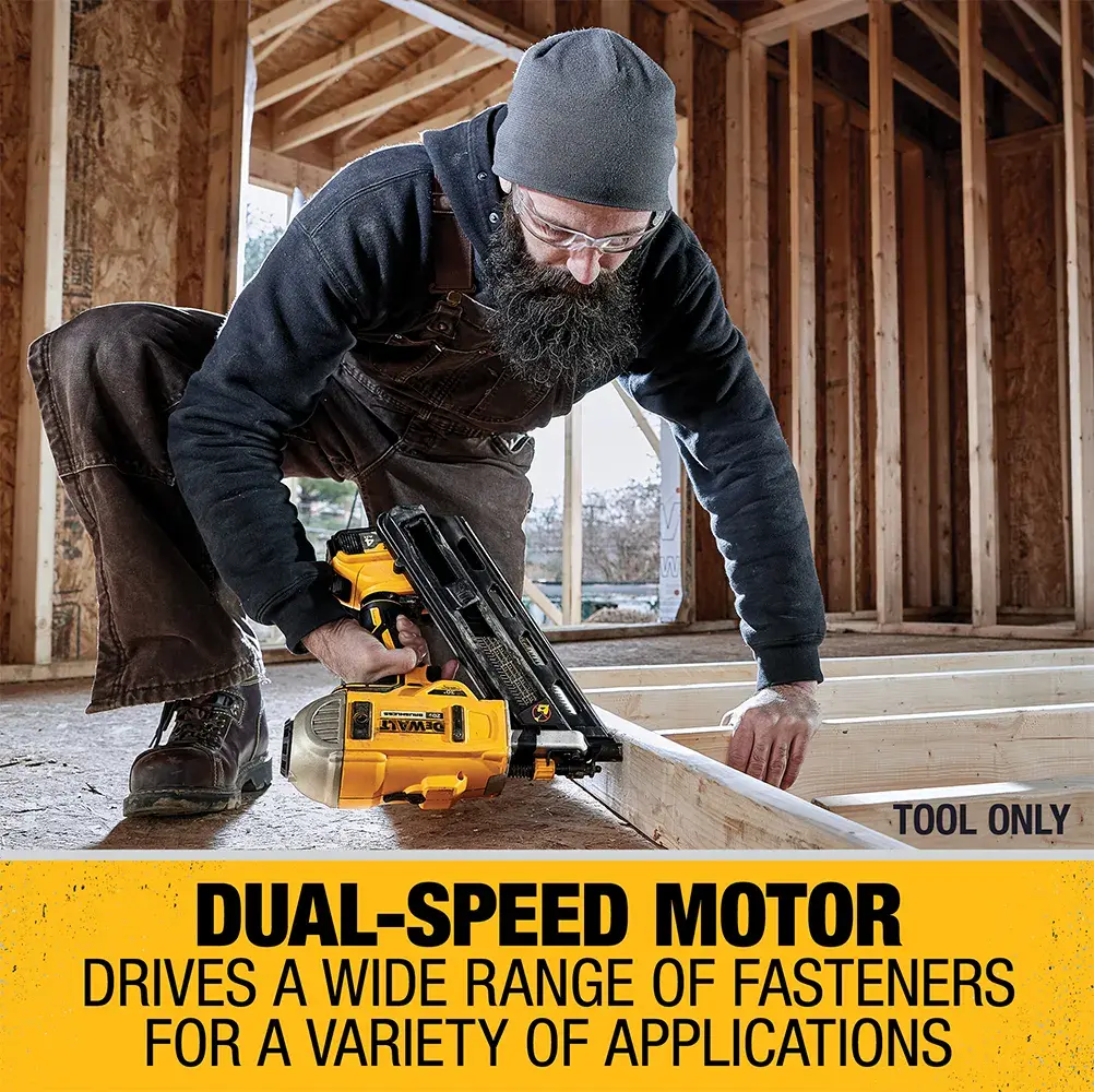 A person using a DEWALT cordless nailer (model DCN692B) inside a wooden construction frame. The image promotes a dual-speed motor feature, stating it drives a wide range of fasteners for a variety of applications. The text also notes 'Tool Only.'