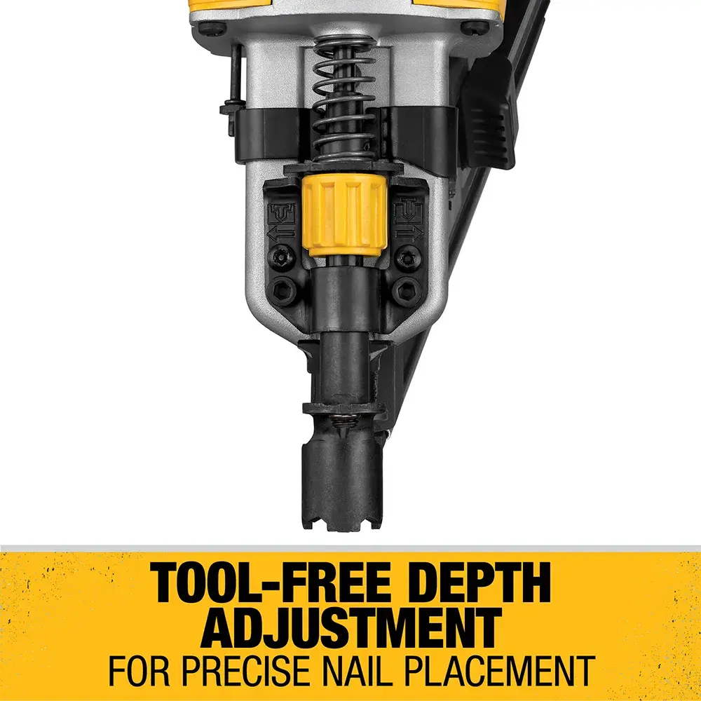 Close-up of a DEWALT nailer tool showing the depth adjustment feature, with text indicating 'Tool-free depth adjustment for precise nail placement' on a yellow background.
