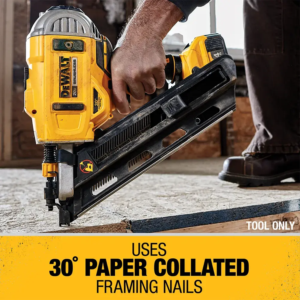 A person using a DEWALT yellow and black cordless framing nailer to fasten wood, with text indicating it uses 30-degree paper collated framing nails.