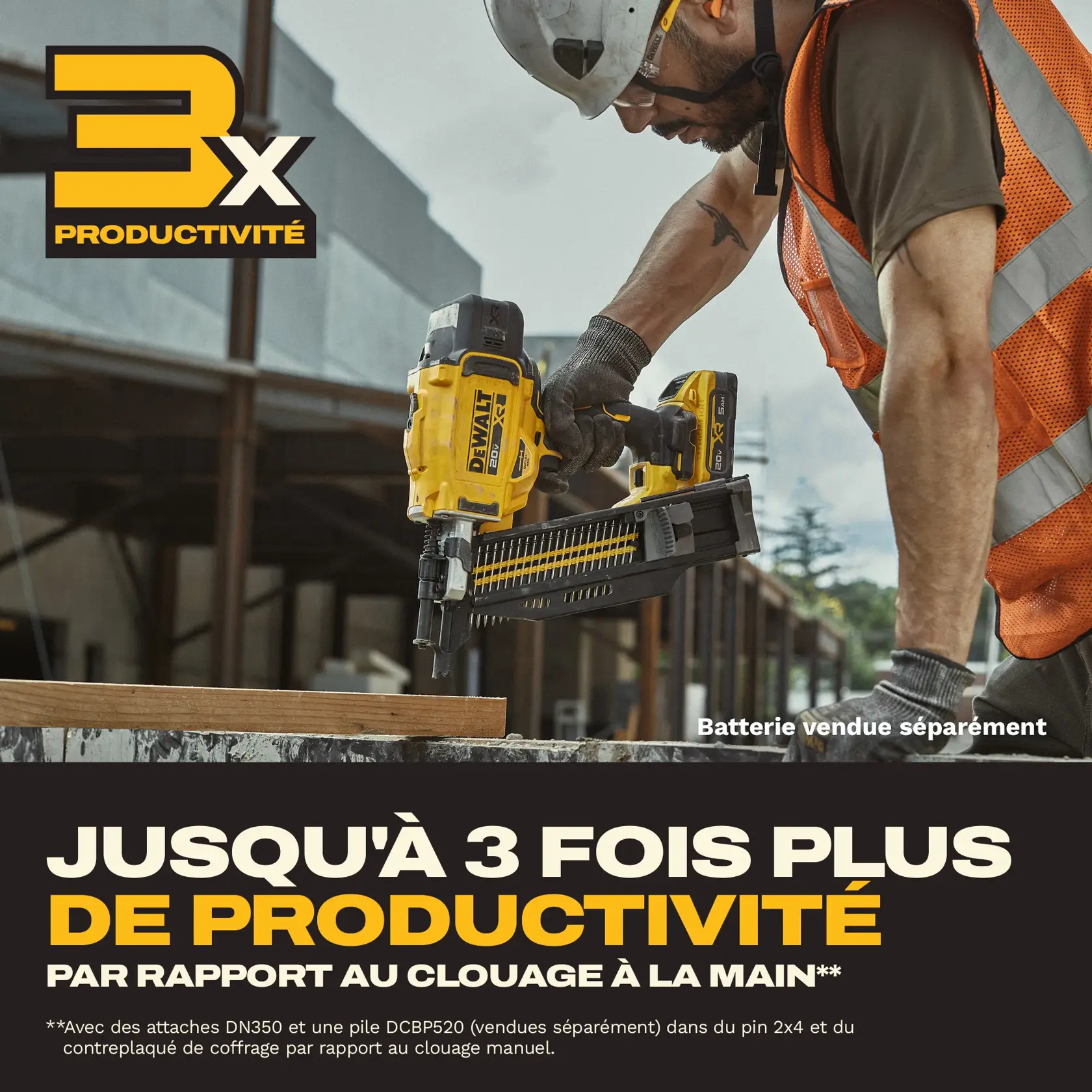 A construction worker wearing a safety vest and helmet is using a DEWALT nailer tool to fasten wood at a building site. Bold text states '3x Productivity' and 'Up to 3x productivity vs. manual hand nailing.' A note mentions the battery is sold separately.
