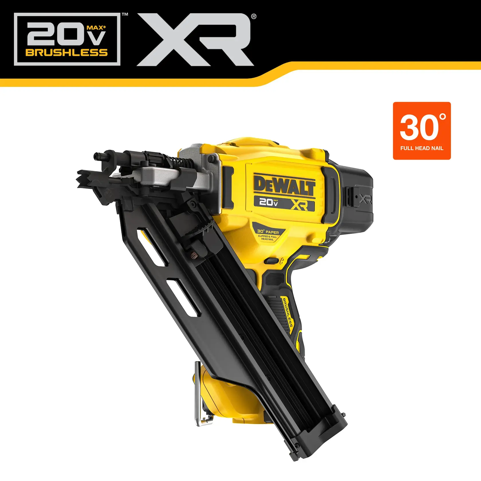 DEWALT XR 20V MAX brushless cordless framing nailer angled at 30 degrees, shown in yellow and black. The product is labeled as suitable for full head nails and features a robust grip and nail magazine.