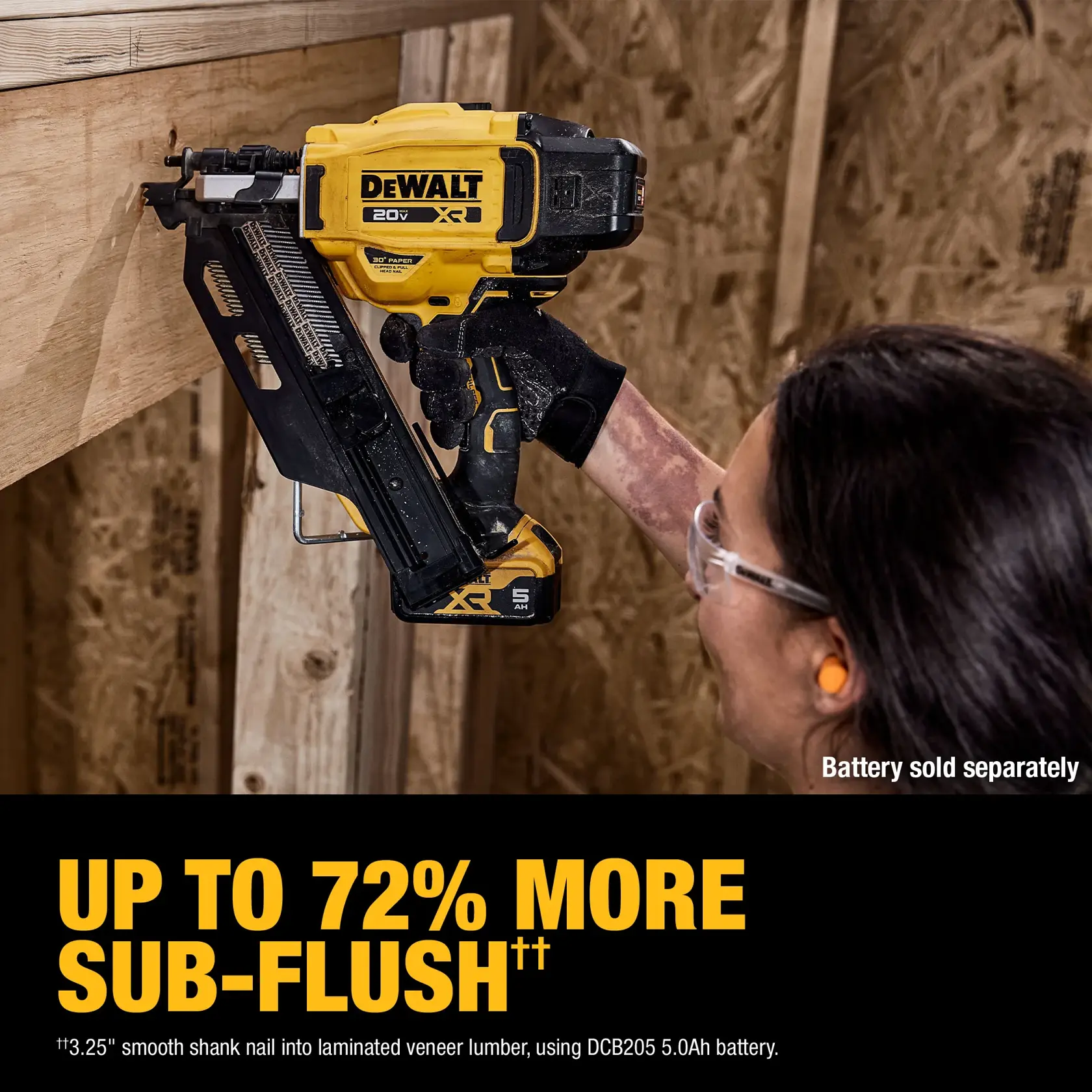 A person wearing a black glove is using a DEWALT 20V XR cordless nailer to insert nails into a wooden frame during construction. Text on the image highlights 'Up to 72% more sub-flush' performance, and notes that the battery is sold separately.