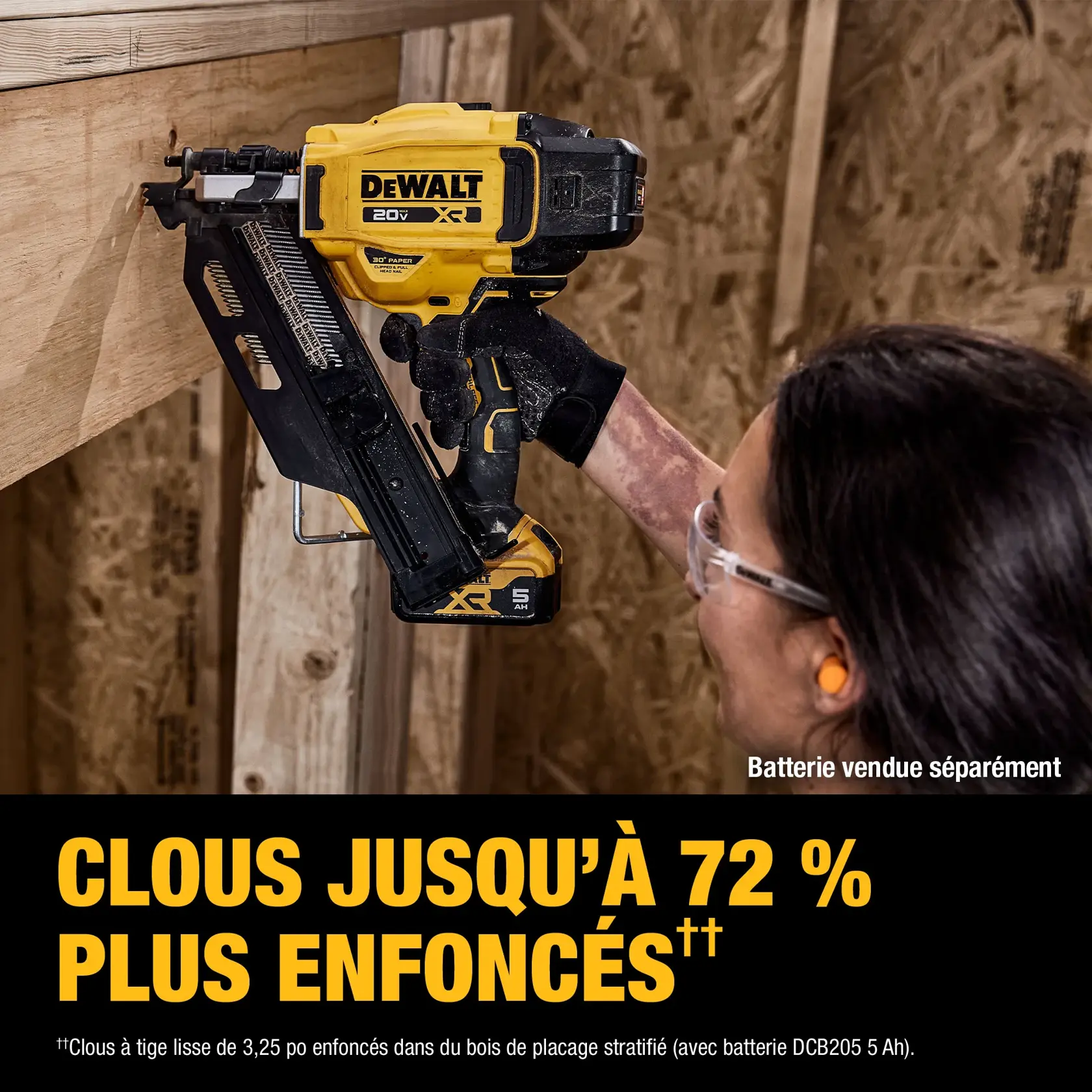 A person wearing a black glove is using a DEWALT 20V XR cordless nailer to insert nails into a wooden frame during construction. Text on the image highlights 'Up to 72% more sub-flush' performance, and notes that the battery is sold separately.