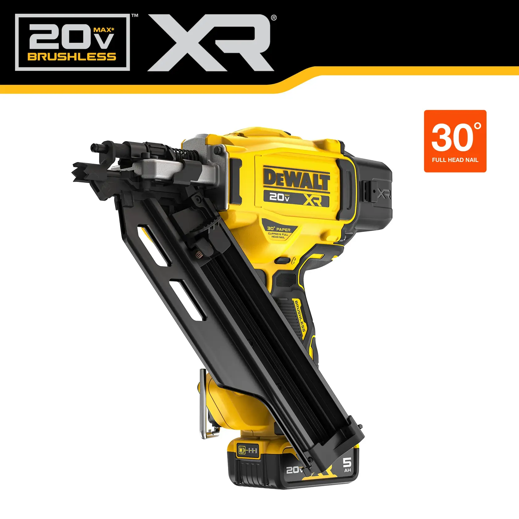 DEWALT 20V MAX XR brushless cordless framing nailer, model DCN930P1, shown with a 5Ah battery. The tool features a 30 degree full head nail magazine and is colored yellow and black.