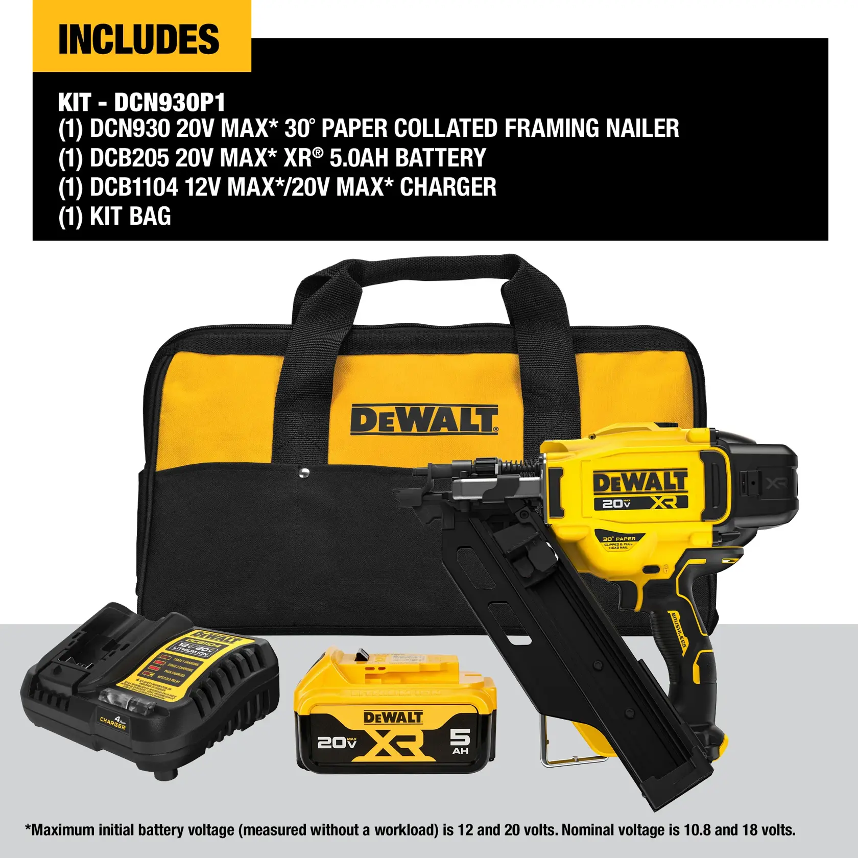 DEWALT DCN930P1 framing nailer kit including a yellow and black carrying bag, a 20V MAX 30-degree paper collated framing nailer, a 20V MAX XR 5.0Ah battery, a 12V/20V MAX charger, and additional battery, all displayed on a light gray surface.