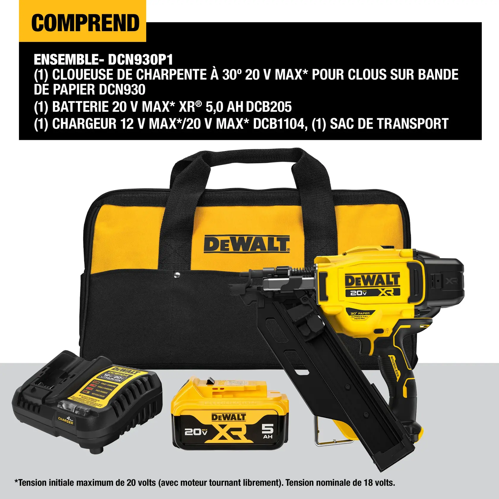 DEWALT DCN930P1 framing nailer kit including a yellow and black carrying bag, a 20V MAX 30-degree paper collated framing nailer, a 20V MAX XR 5.0Ah battery, a 12V/20V MAX charger, and additional battery, all displayed on a light gray surface.