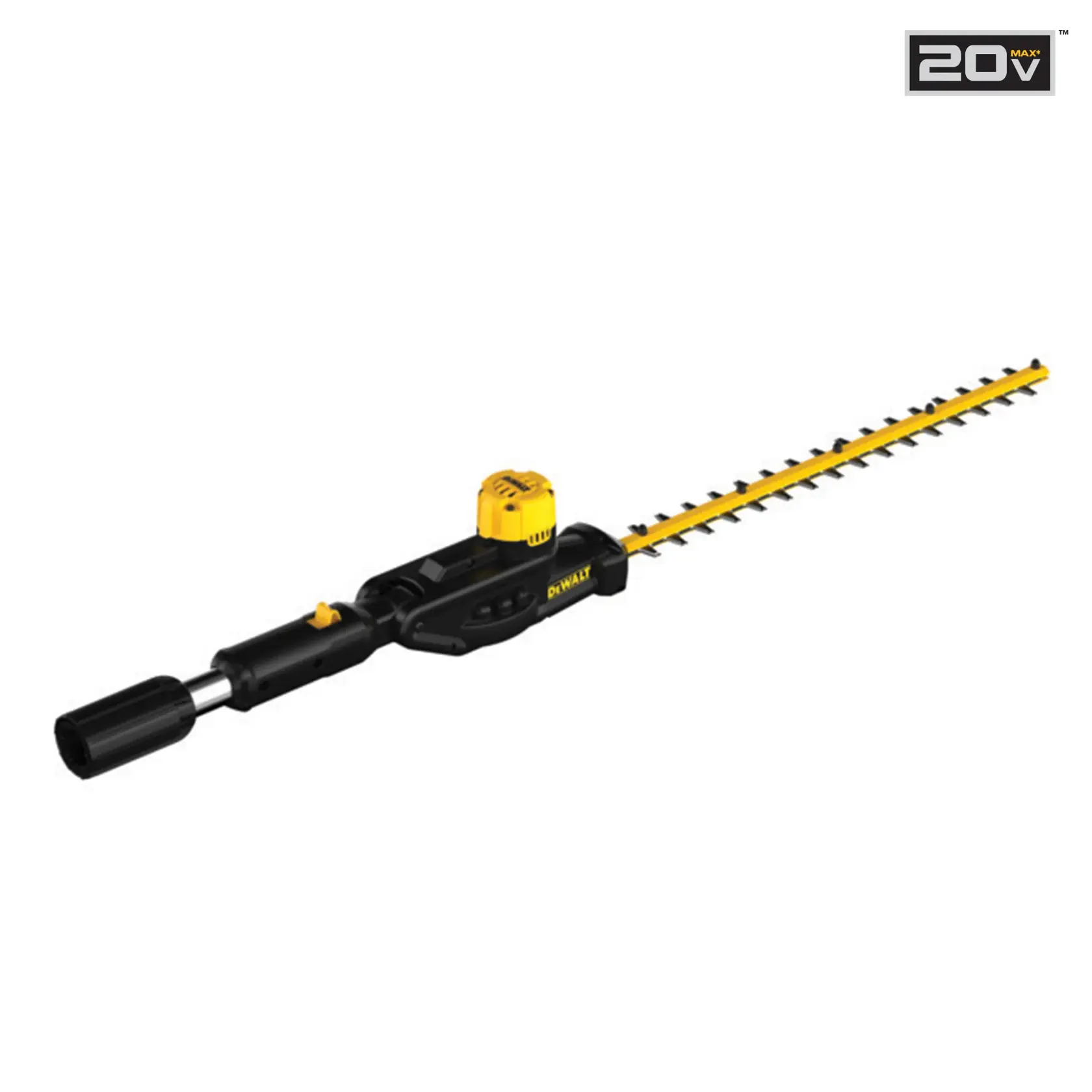 A DEWALT 20V MAX cordless hedge trimmer attachment with a black and yellow body and long dual-action blade, designed for trimming hedges and bushes.