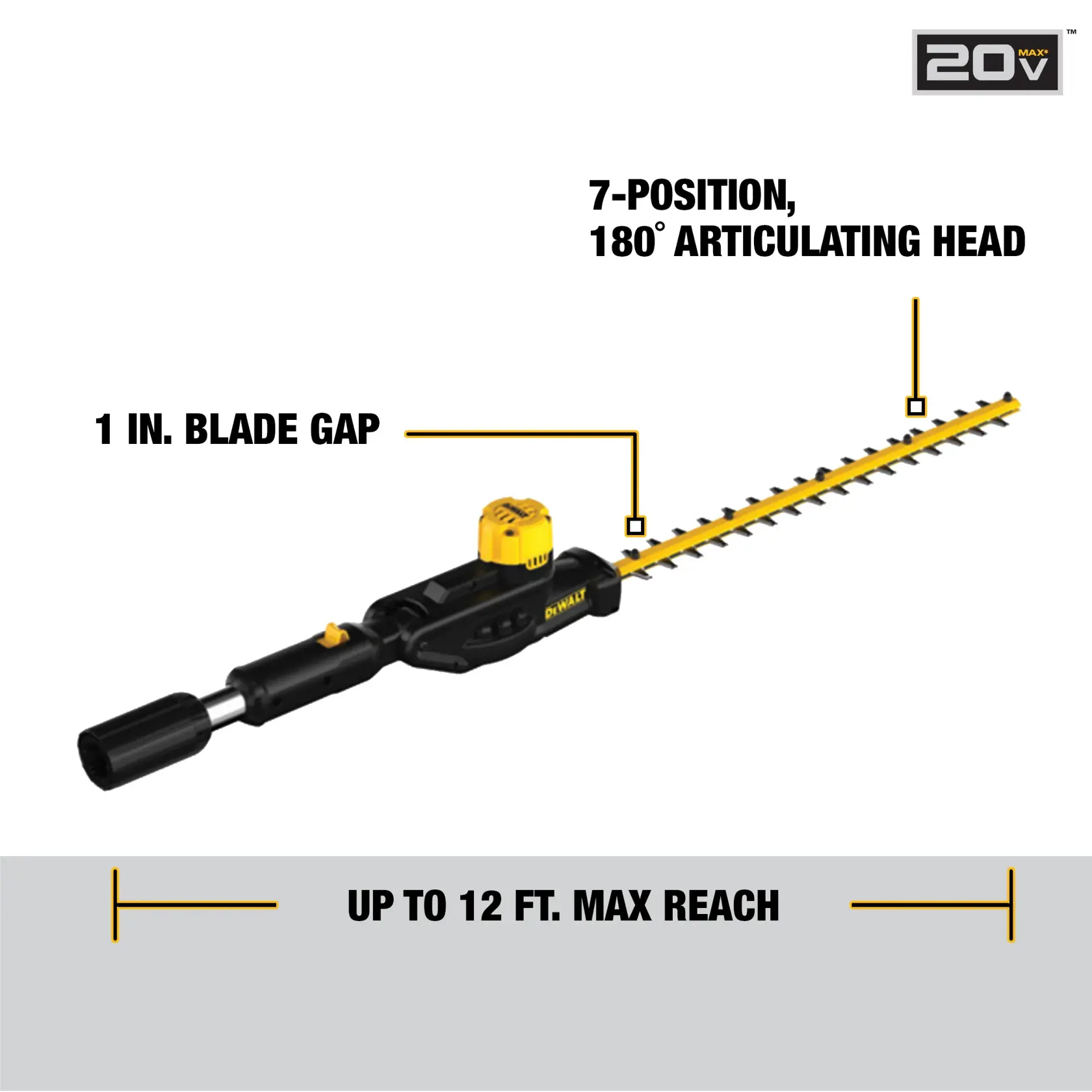 DEWALT 20V Max cordless pole hedge trimmer with yellow and black design, featuring a 1-inch blade gap, a 7-position 180° articulating head, and up to 12 feet maximum reach.
