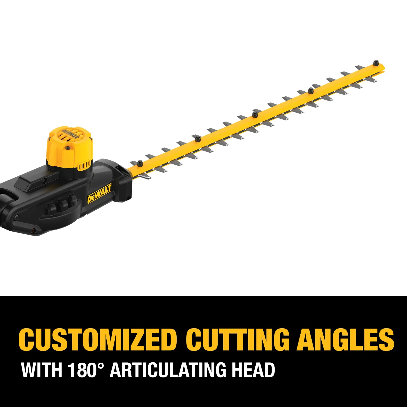 DEWALT hedge trimmer attachment with a yellow and black design, featuring a 180-degree articulating head for customized cutting angles. The image highlights the product's flexible cutting capability.