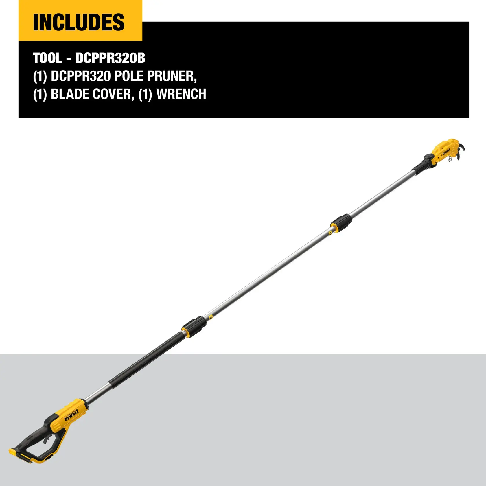 DEWALT DCPPR320B pole pruner tool shown, including the pruner, blade cover, and wrench. The pole pruner is yellow and black with an extendable handle.