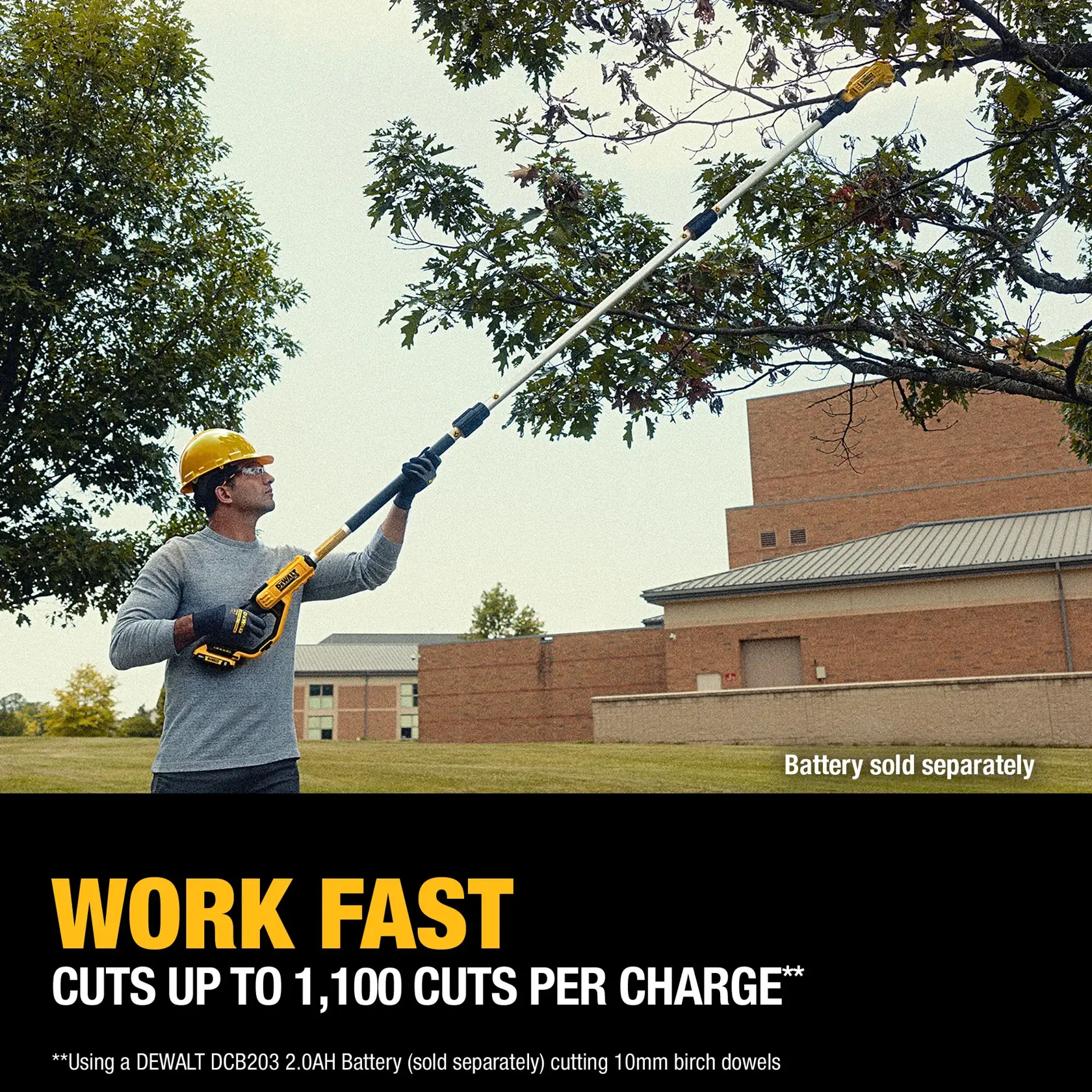 A person wearing safety gear uses a DEWALT pole pruner to trim branches from a tree outdoors. Text on the image highlights that the tool can make up to 1,100 cuts per charge, with the battery sold separately.