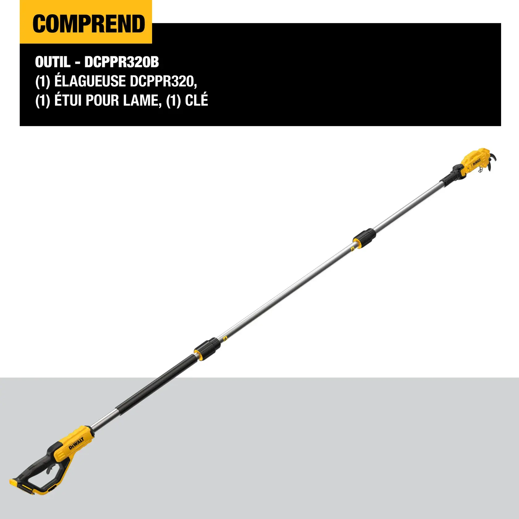 DEWALT DCPPR320B pole pruner tool shown, including the pruner, blade cover, and wrench. The pole pruner is yellow and black with an extendable handle.