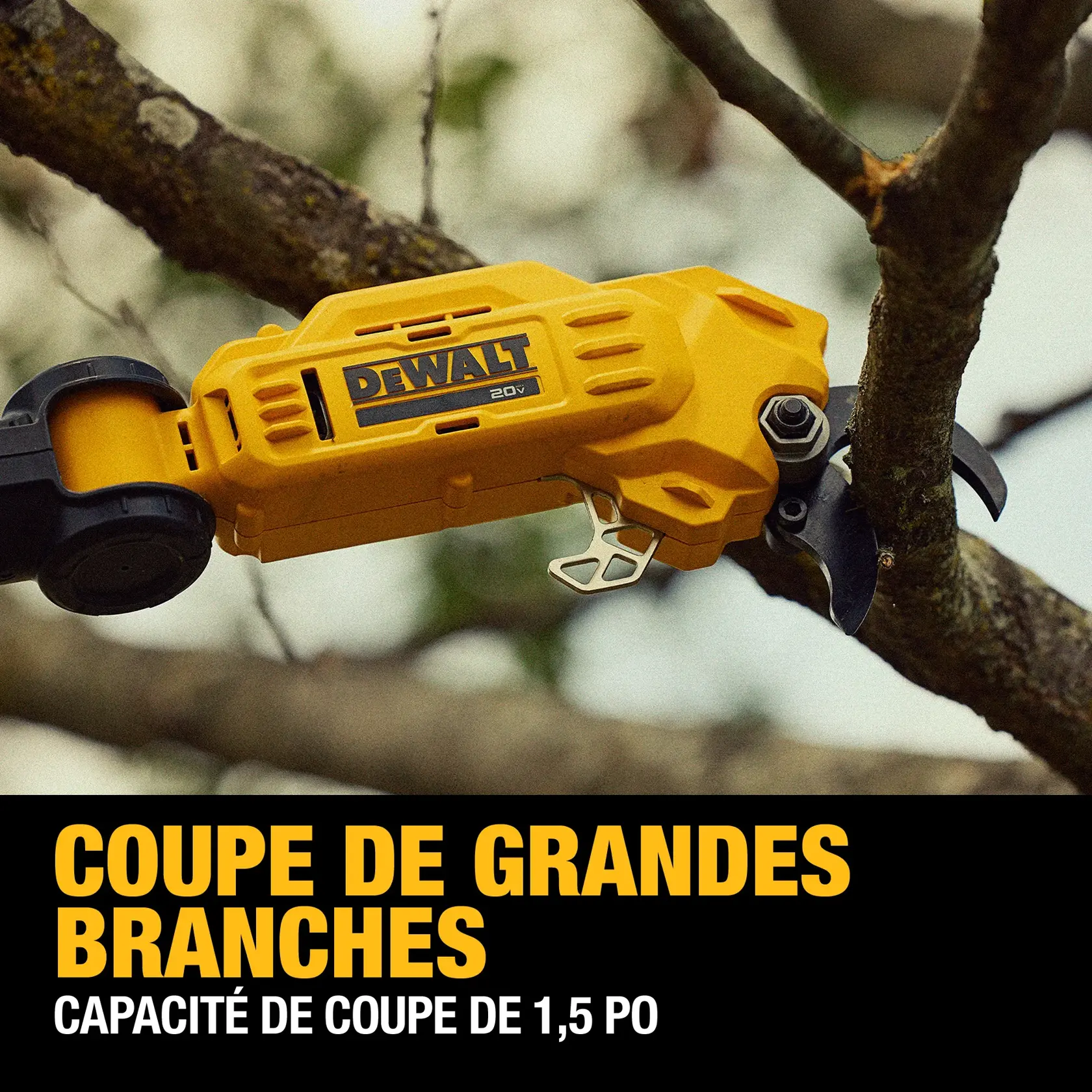 A yellow DEWALT cordless pruner is cutting a thick tree branch. The text on the image reads: 'Tackle large branches. 1.5-in. cut capacity.'