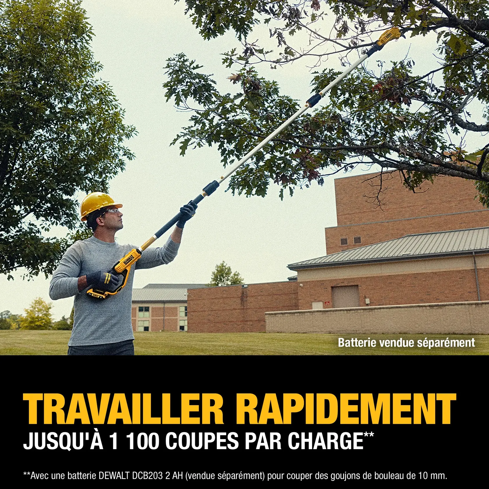 A person wearing safety gear uses a DEWALT pole pruner to trim branches from a tree outdoors. Text on the image highlights that the tool can make up to 1,100 cuts per charge, with the battery sold separately.