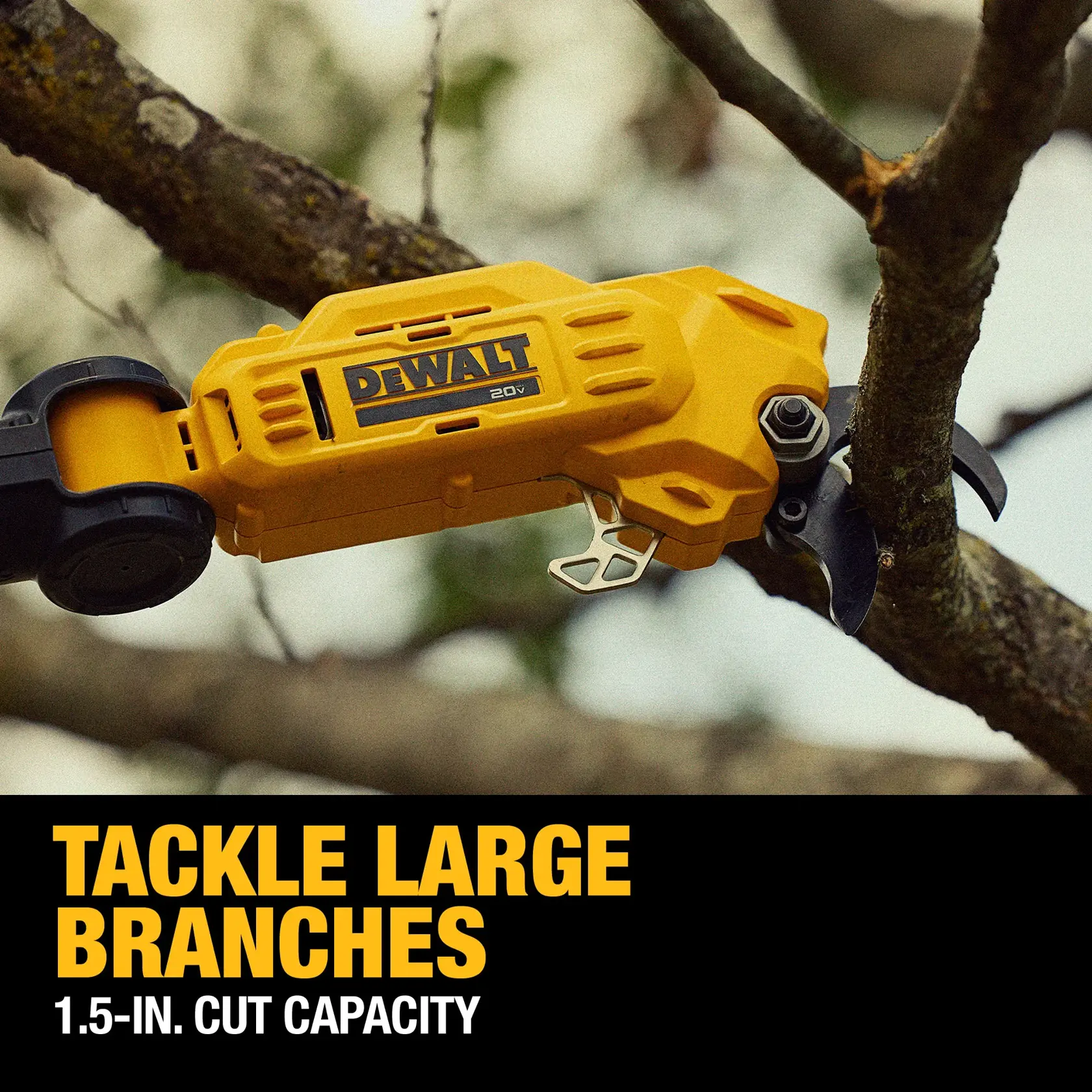 A close-up of a yellow DEWALT 20V cordless pruner cutting a thick tree branch. The text on the image reads 'Tackle Large Branches - 1.5-in. Cut Capacity.'