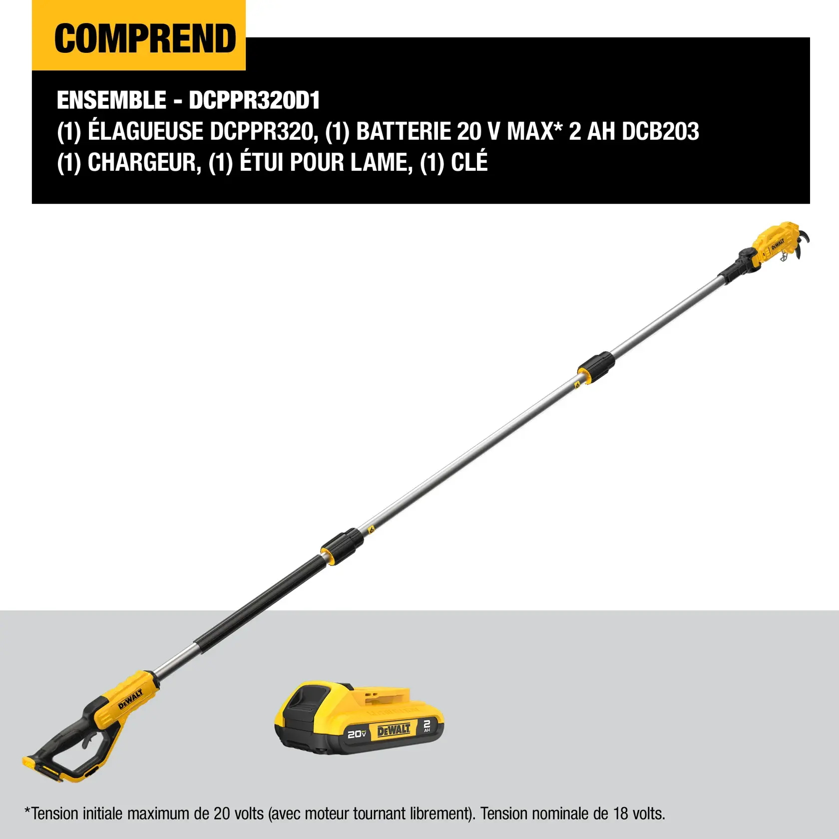Image showing the DEWALT DCPPR320D1 kit contents, including a yellow and black pole pruner, a 20V MAX DCB203 battery (2.0Ah), a charger, a blade cover, and a wrench. The pole pruner is elongated, suitable for reaching tall branches. The battery and charger are displayed separately. Text explains maximum initial battery voltage is 20 volts, nominal is 18 volts.