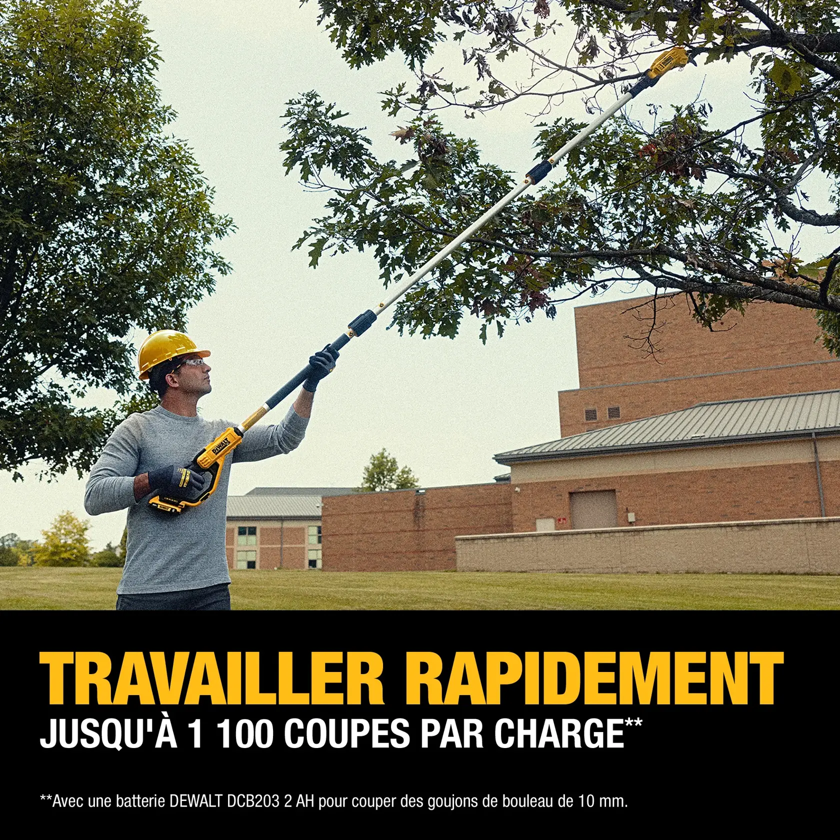 A person wearing a yellow hard hat and gloves uses a DEWALT cordless pole pruner to trim tree branches outdoors. The image features bold yellow text stating 'WORK FAST' and 'CUTS UP TO 1,100 CUTS PER CHARGE'. Additional information indicates this performance is based on using a DEWALT DCB203 2.0AH battery cutting 10mm birch dowels.
