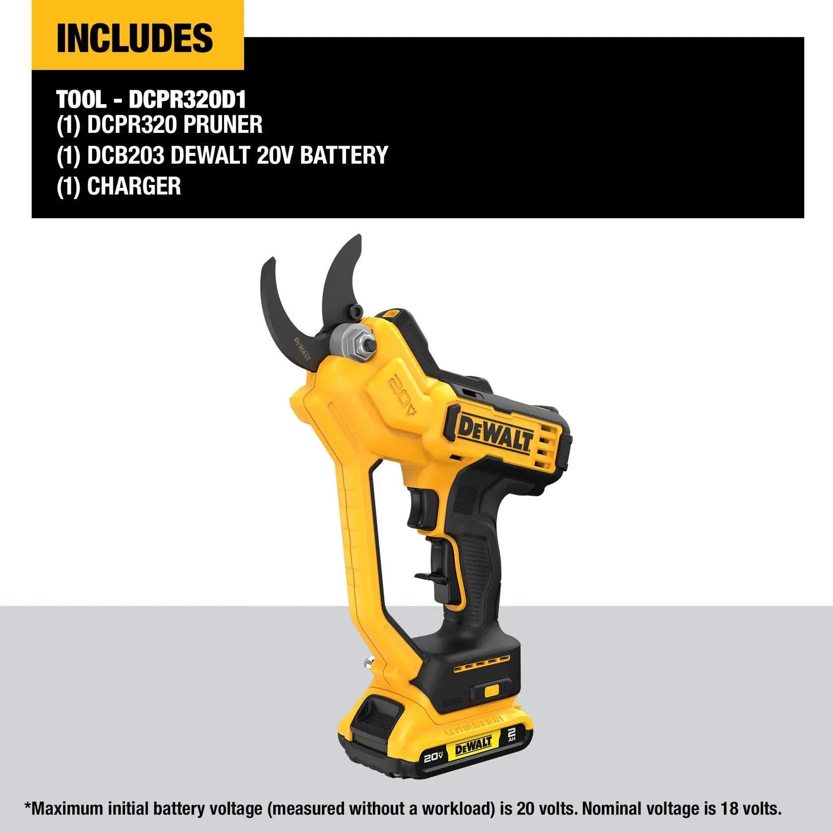 The image shows a DEWALT cordless electric pruner kit (model DCPR320D1). The pruner is yellow and black and includes a 20V DEWALT battery and charger. The package contents are highlighted in a box above: one DCPR320 pruner, one DCB203 20V battery, and one charger. There is a note about battery voltage at the bottom.