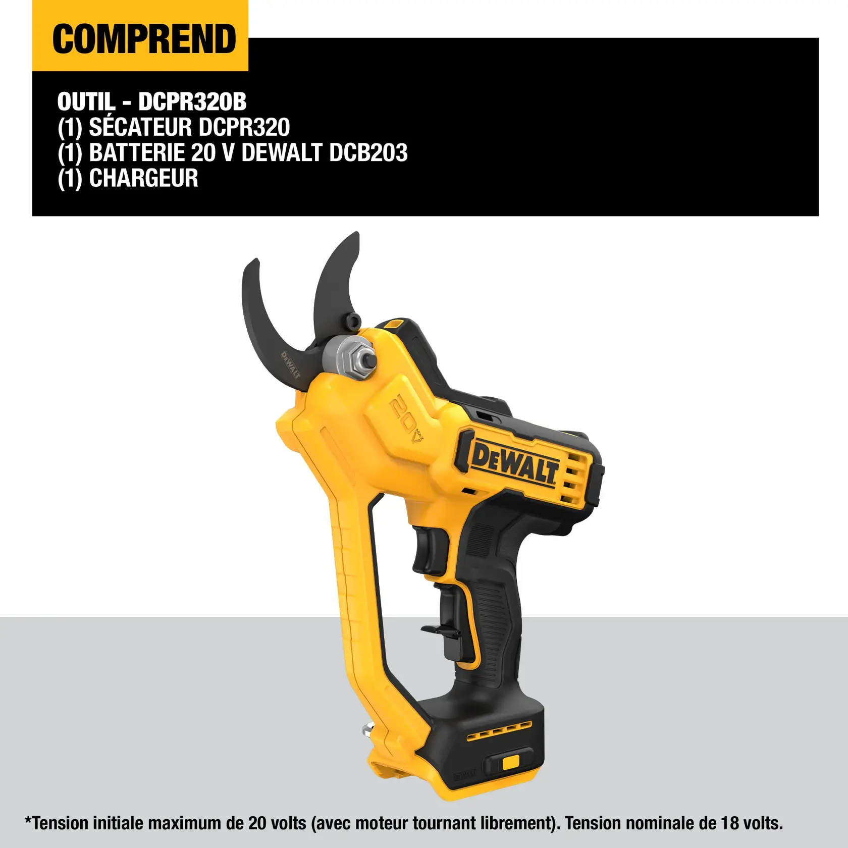The image shows a DEWALT cordless electric pruner kit (model DCPR320D1). The pruner is yellow and black and includes a 20V DEWALT battery and charger. The package contents are highlighted in a box above: one DCPR320 pruner, one DCB203 20V battery, and one charger. There is a note about battery voltage at the bottom.