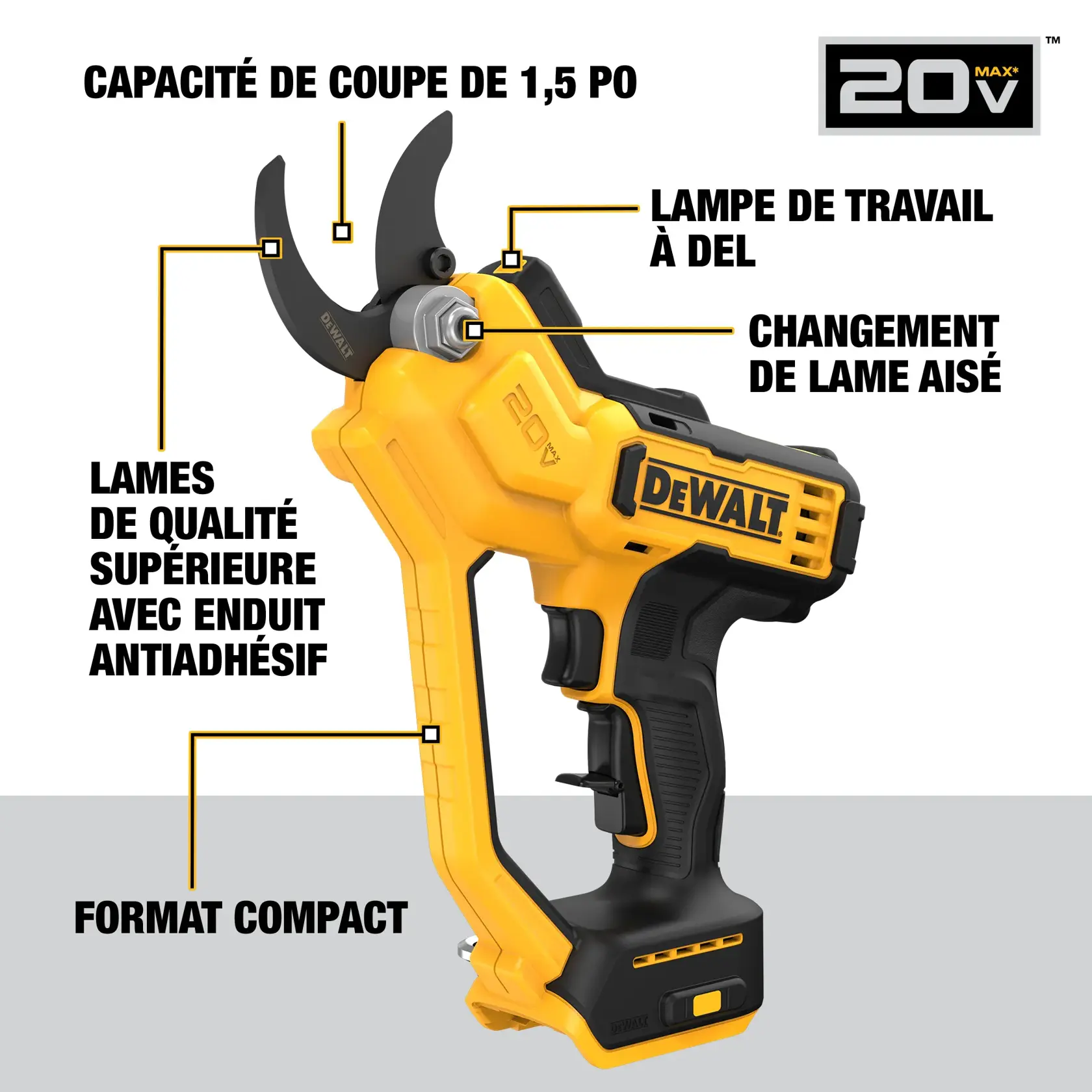 Image of a DEWALT 20V Max cordless pruning shear with highlighted features including 1.5 inch cut capacity, LED work light, tooled blade mounting, premium non-stick coated blades, and compact size.