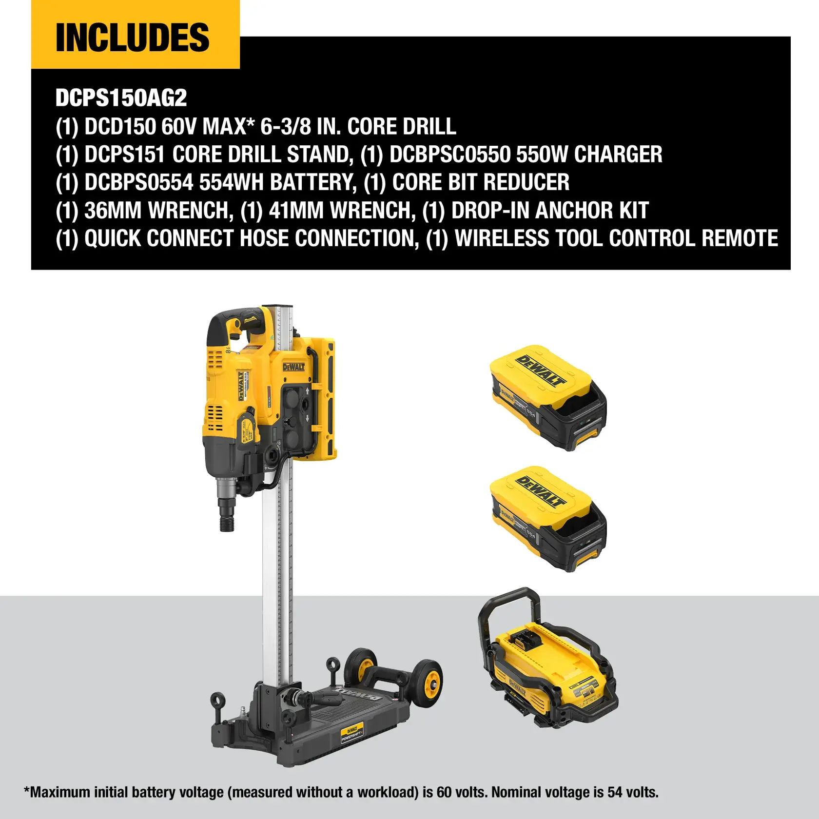 Image of DEWALT DCPS150AG2 core drill kit, which includes a 60V MAX 6-3/8 inch core drill mounted on a stand, two yellow and black batteries, a yellow charger, and various accessories listed in the text such as wrenches, anchor kit, core bit reducer, hose connection, and wireless tool control remote. The kit components are displayed on a grey and white background, with a black section listing all included items.